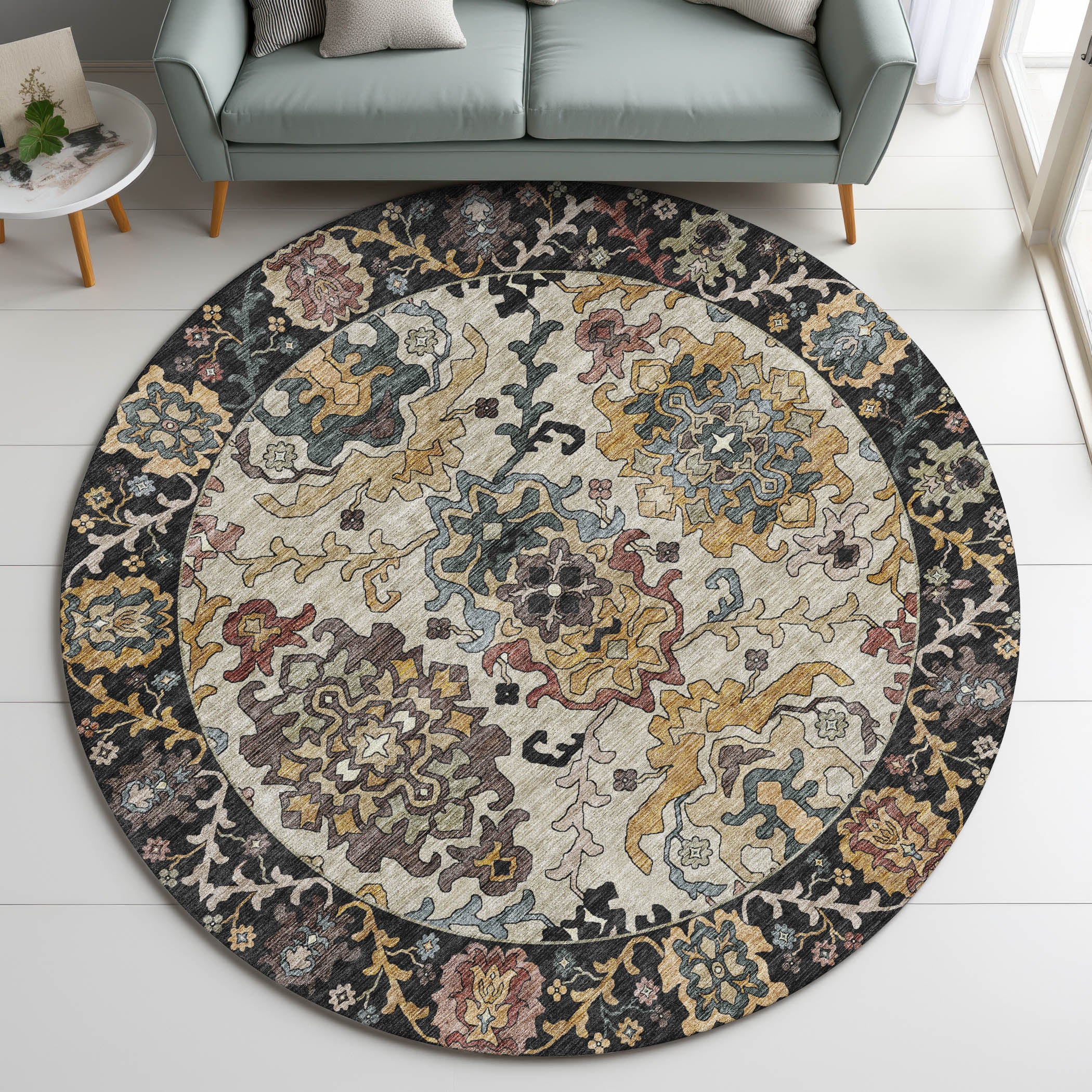 Indoor/Outdoor Traditional SR5 Black Rug 8' x 8' #shape_Round