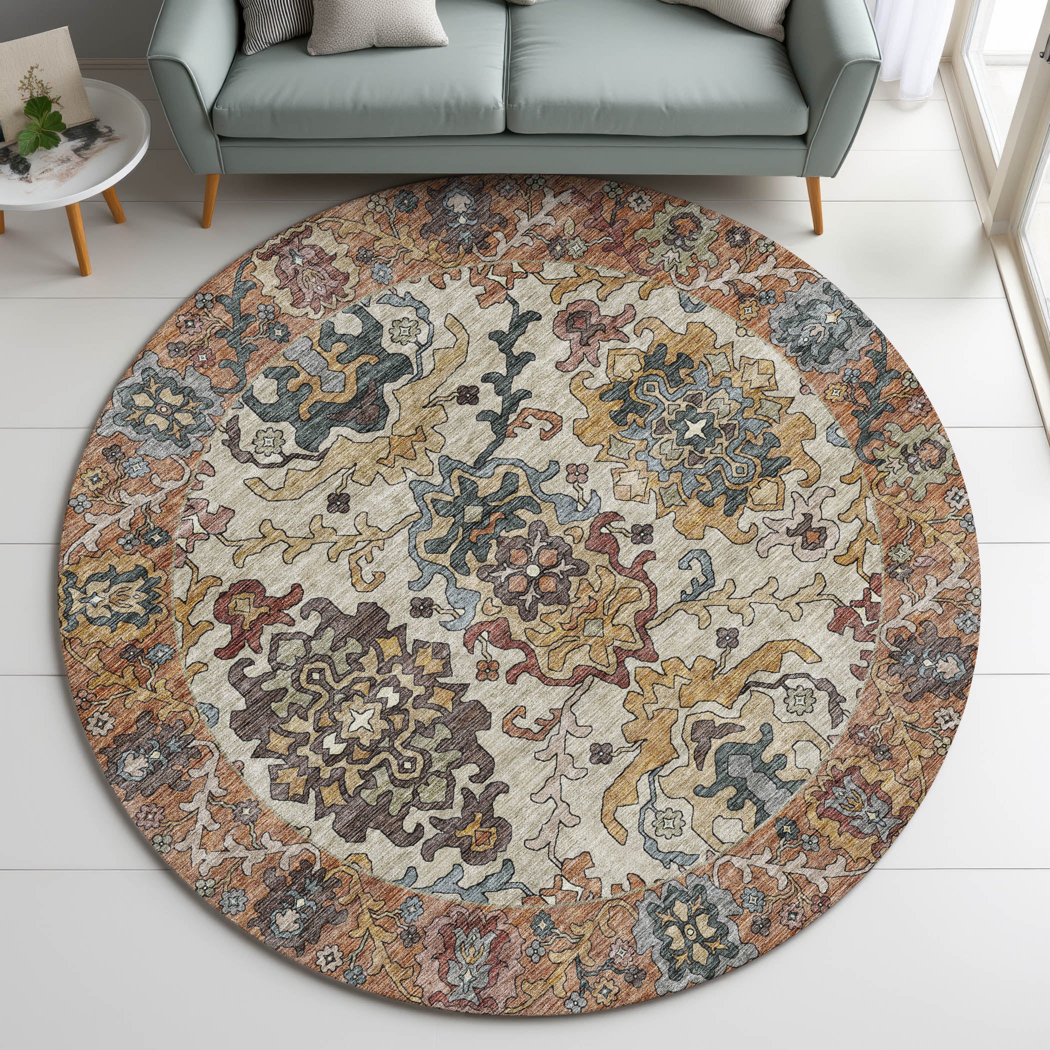 Indoor/Outdoor Traditional SR5 Copper Orange Rug 8' x 8' #shape_Round