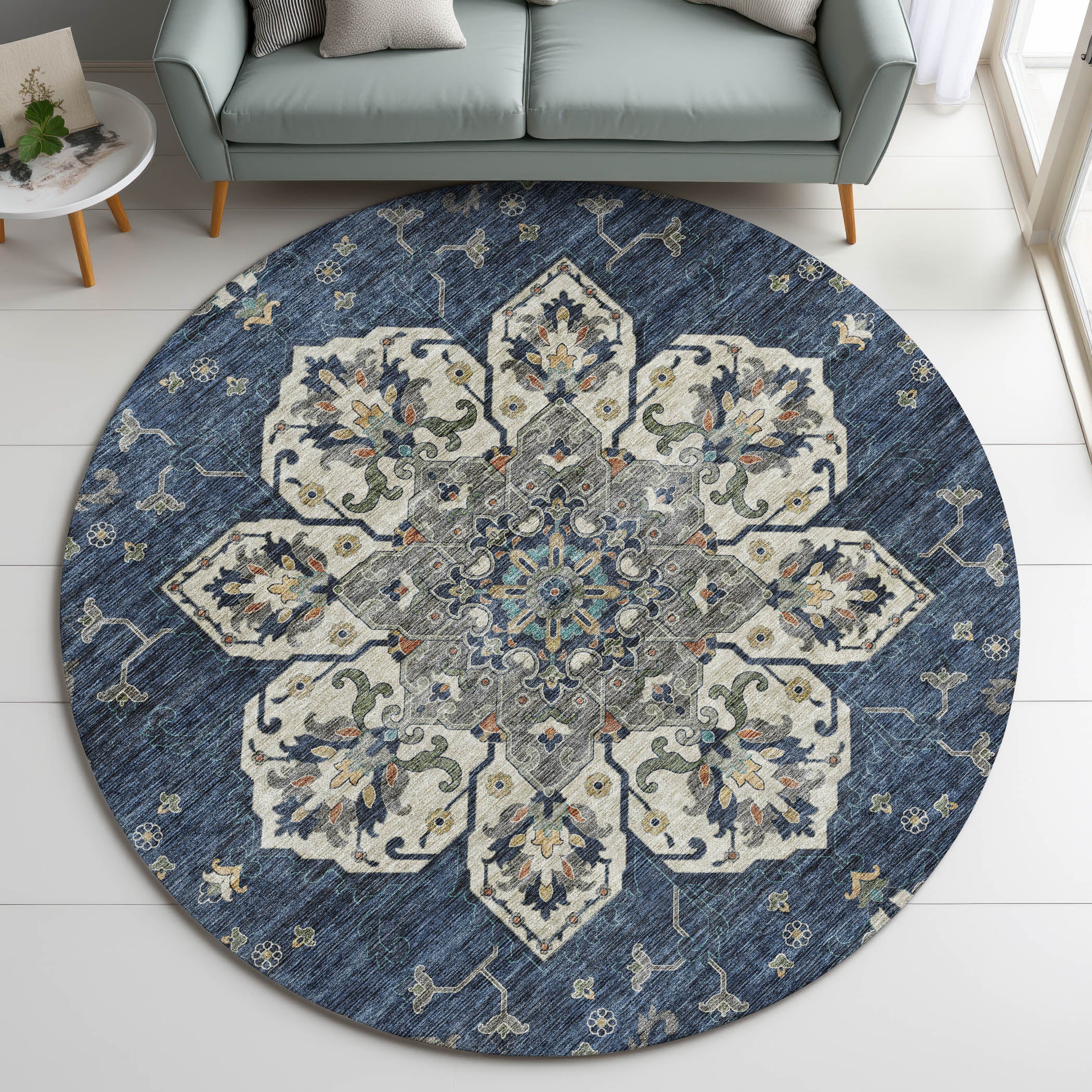 Indoor/Outdoor Traditional SR6 Navy Blue Rug 8' x 8' #shape_Round