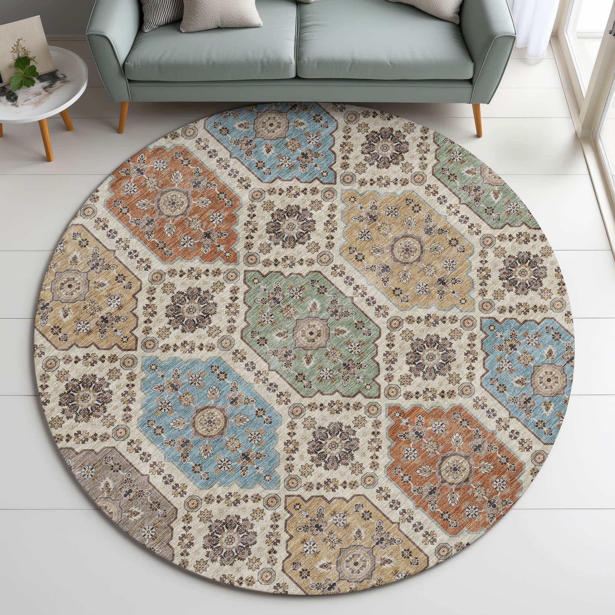 Indoor/Outdoor Transitional SR7 Linen Ivory Rug 8' x 8' #shape_Round