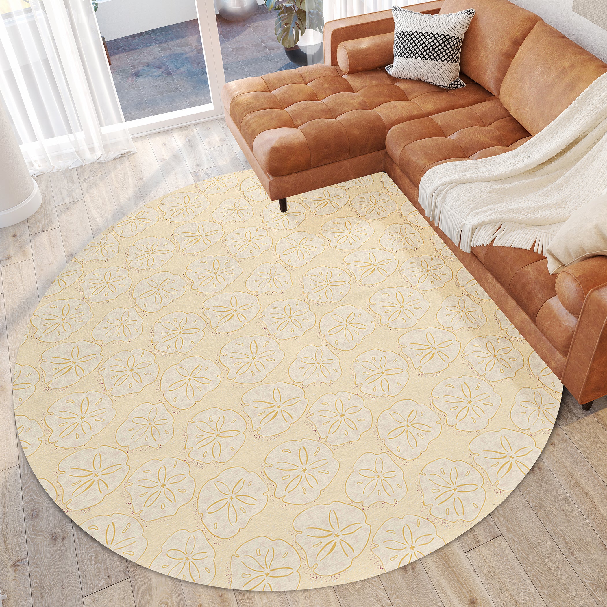Luxury Machine Washable Indoor/Outdoor Coastal SZ10 Ivory Rug 8' x 8' #shape_Round