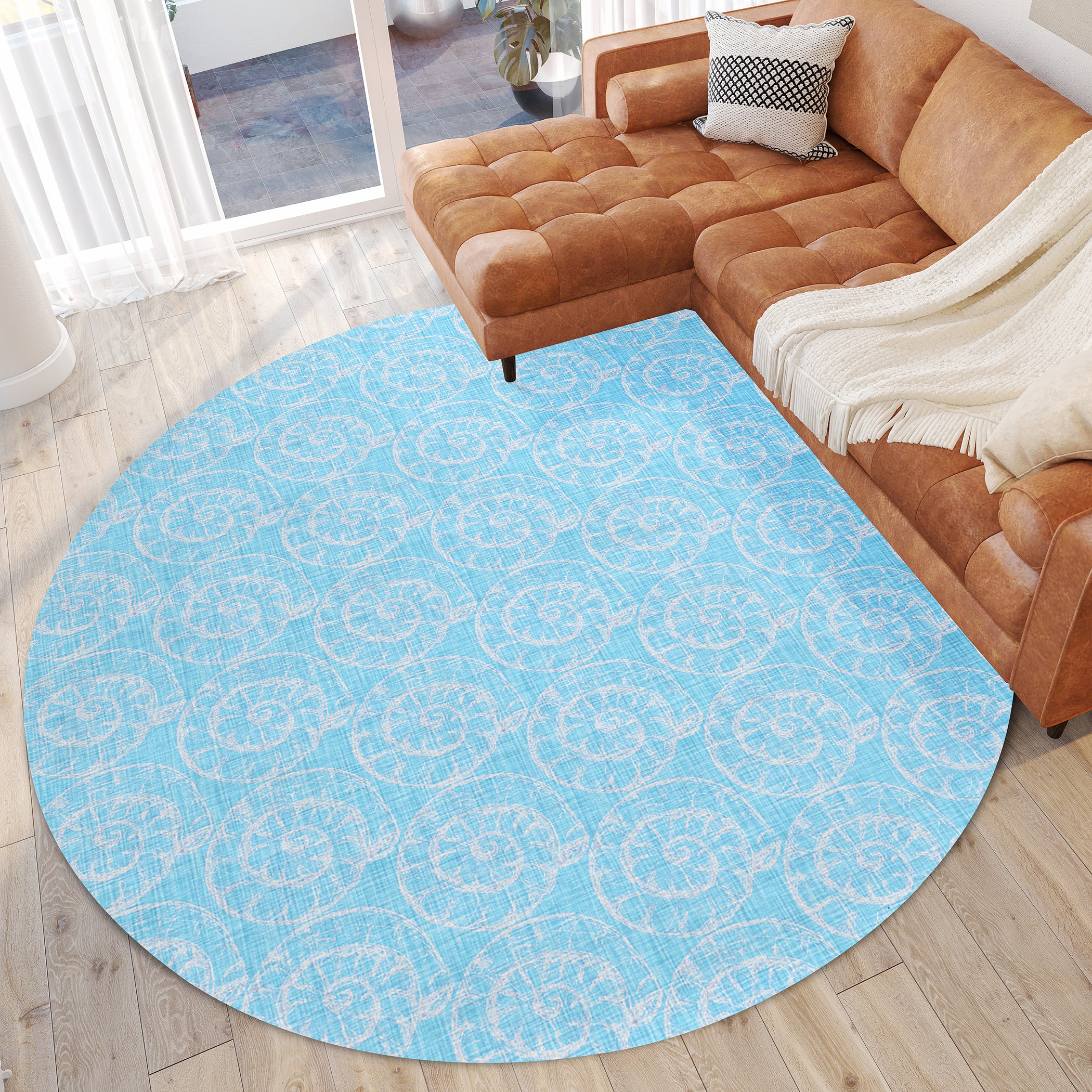 Luxury Machine Washable Indoor/Outdoor Coastal SZ11 Poolside Blue Rug 8' x 8' #shape_Round