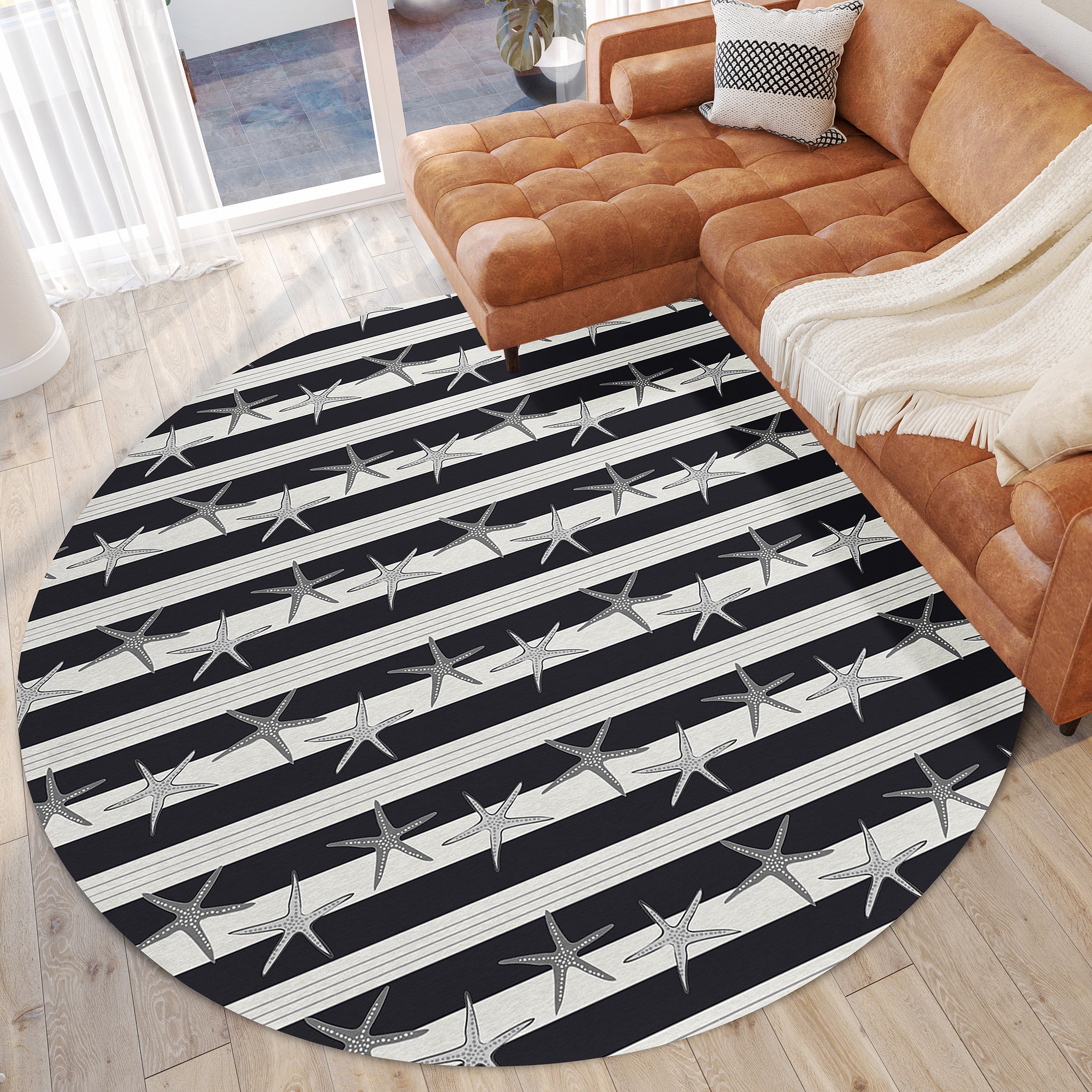 Luxury Machine Washable Indoor/Outdoor Coastal SZ12 Black Rug 8' x 8' #shape_Round