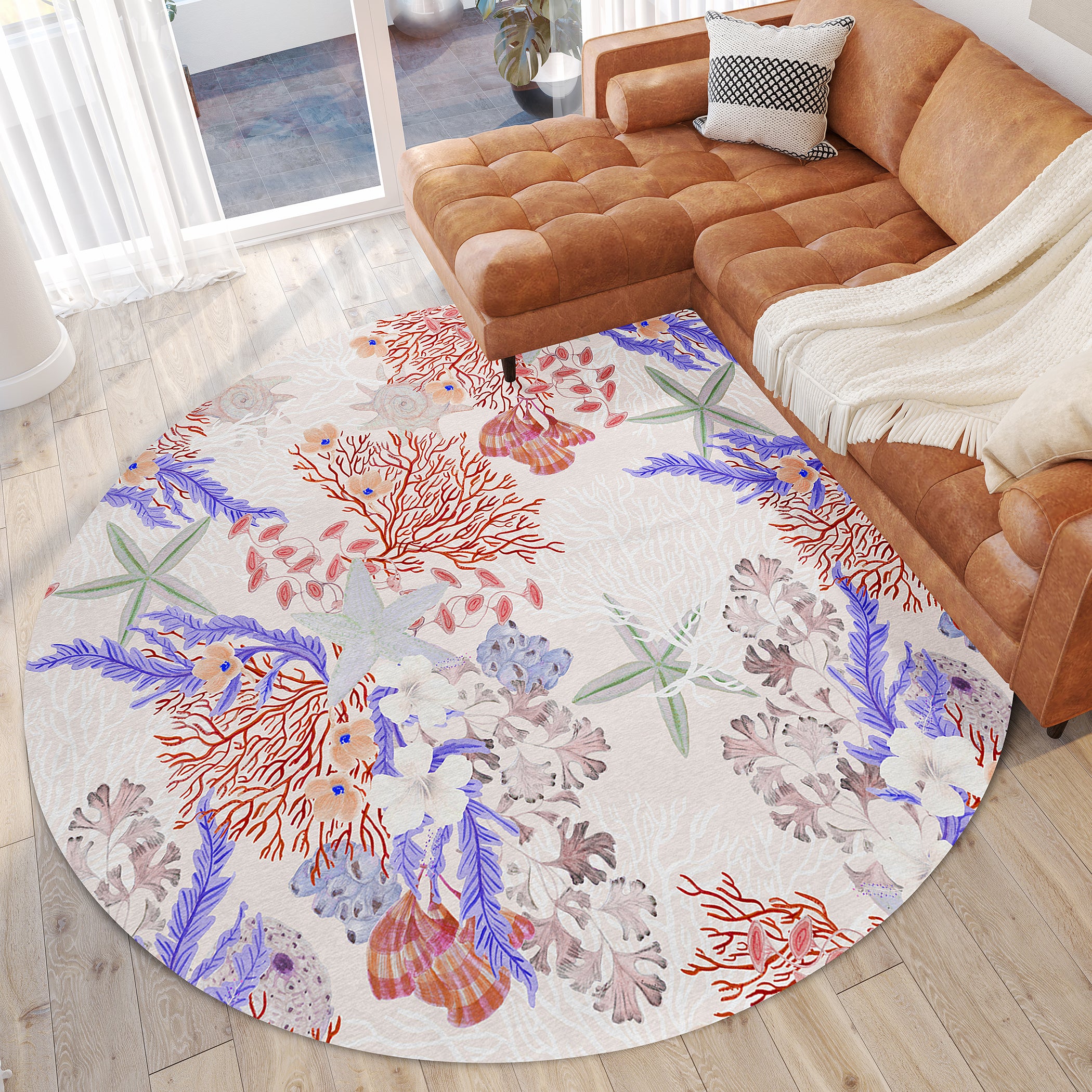 Luxury Machine Washable Indoor/Outdoor Coastal SZ1 Ivory Rug 8' x 8' #shape_Round