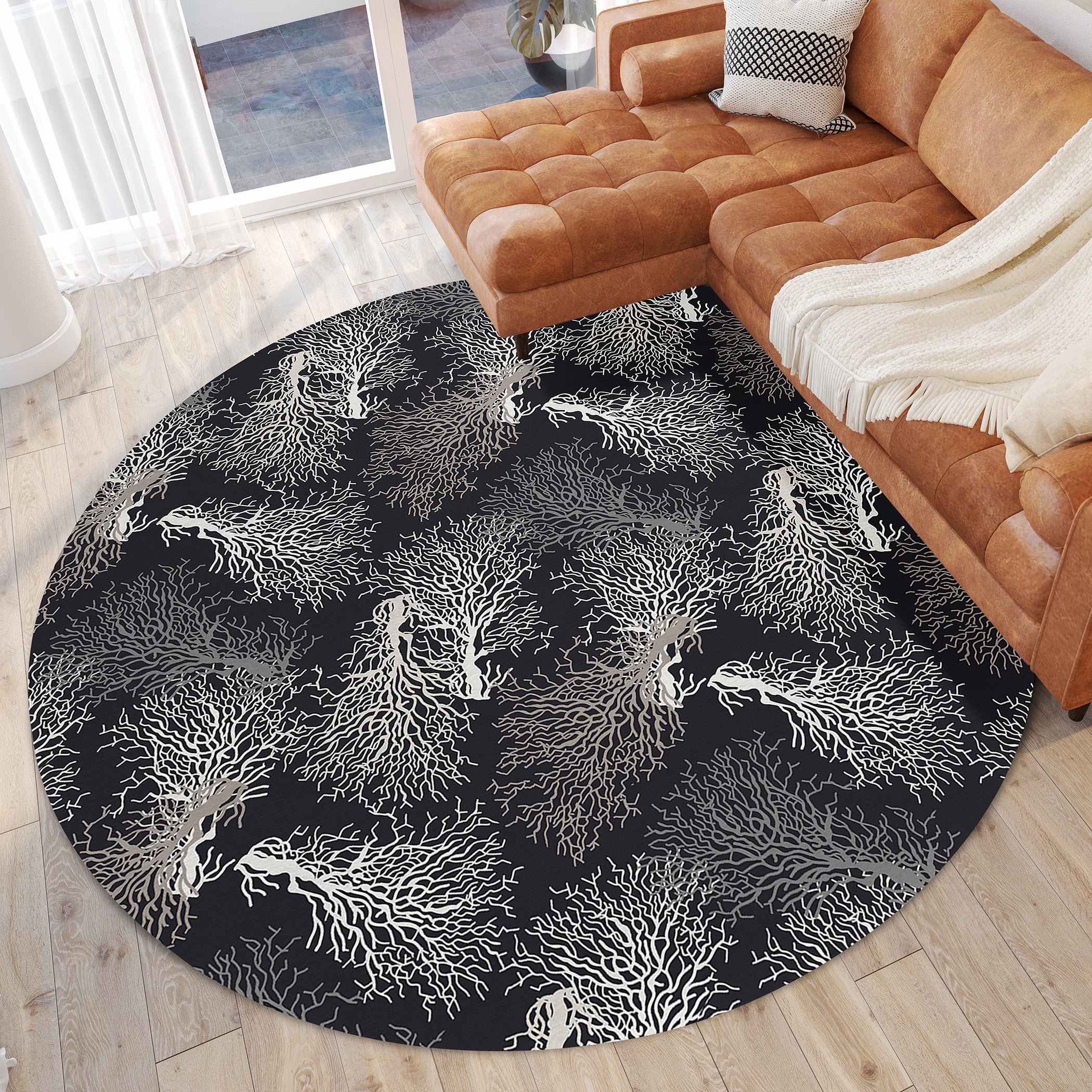 Luxury Machine Washable Indoor/Outdoor Coastal SZ3 Black Rug 8' x 8' #shape_Round