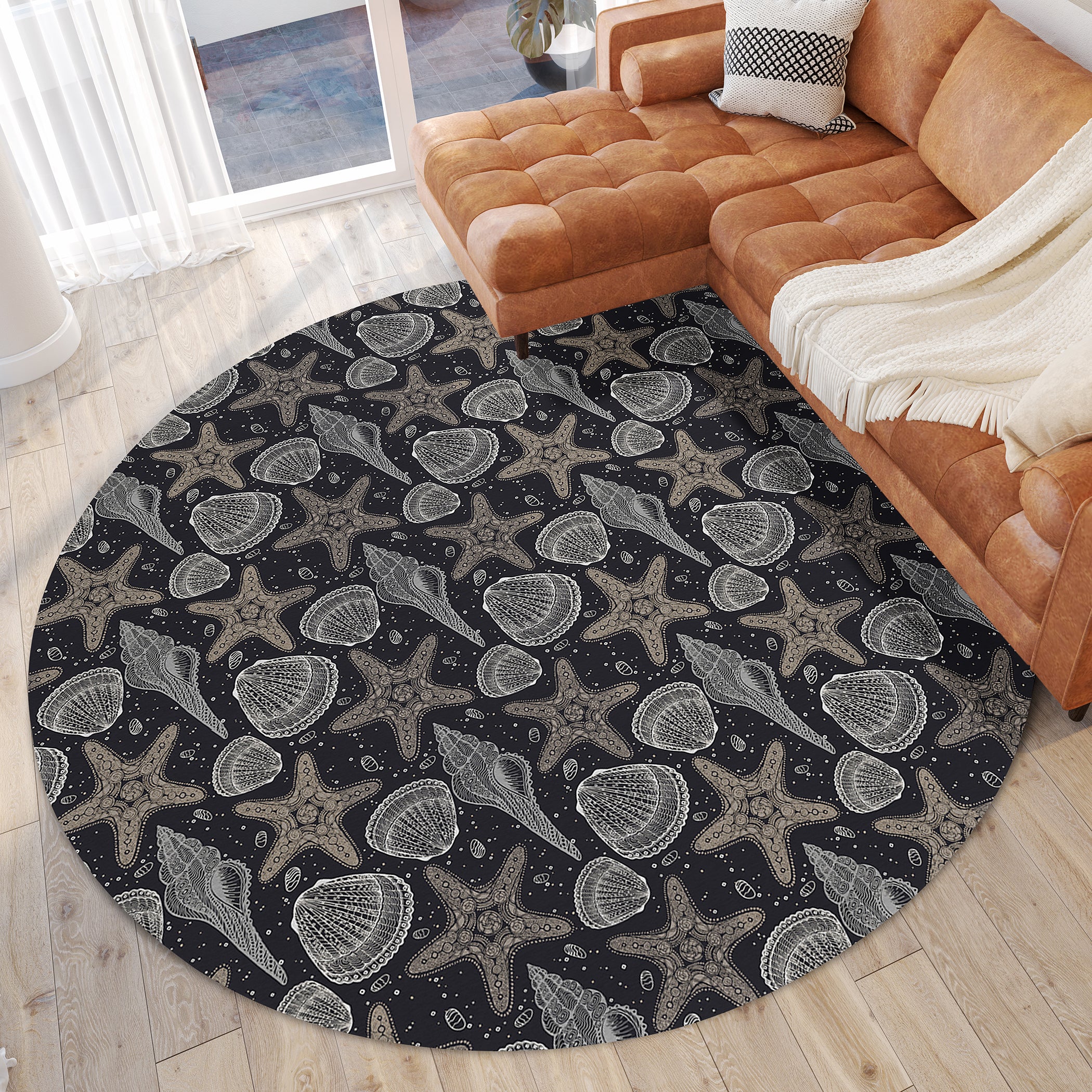 Luxury Machine Washable Indoor/Outdoor Coastal SZ4 Black Rug 8' x 8' #shape_Round