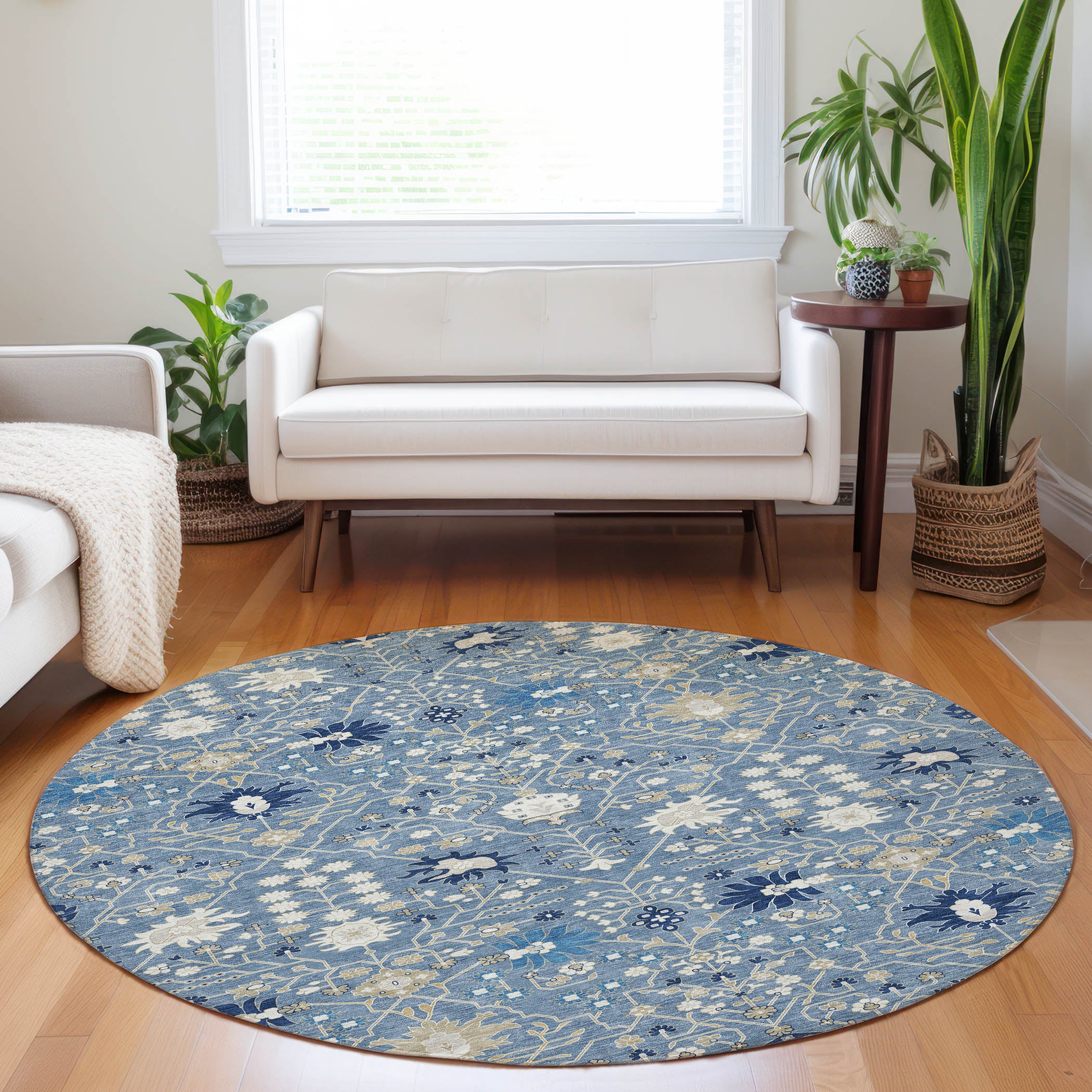Luxury Washable Indoor/Outdoor Traditional TB12 Denim Blue Rug 8' x 8' #shape_Round
