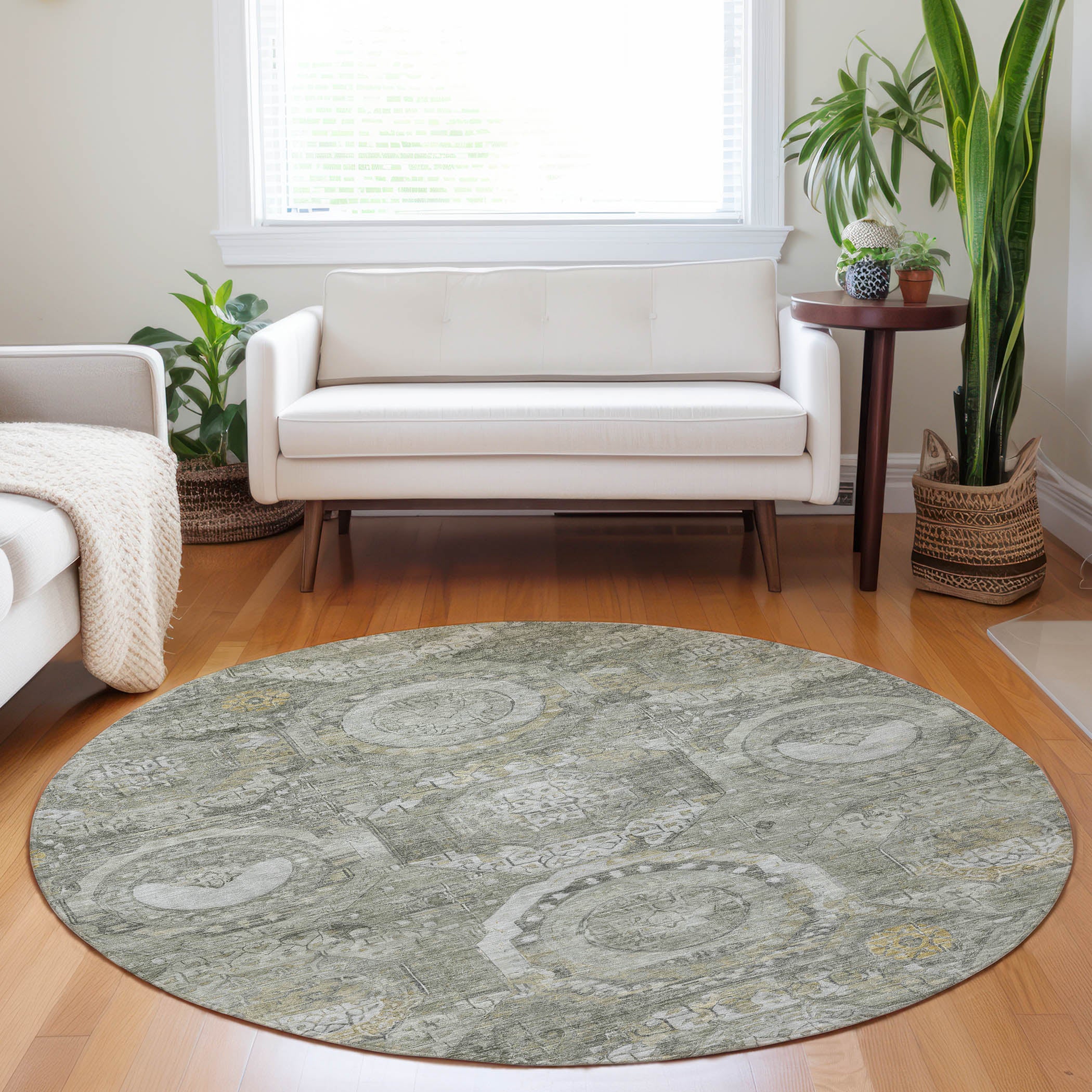 Luxury Washable Indoor/Outdoor Traditional TB14 Pewter Gray Rug 8' x 8' #shape_Round