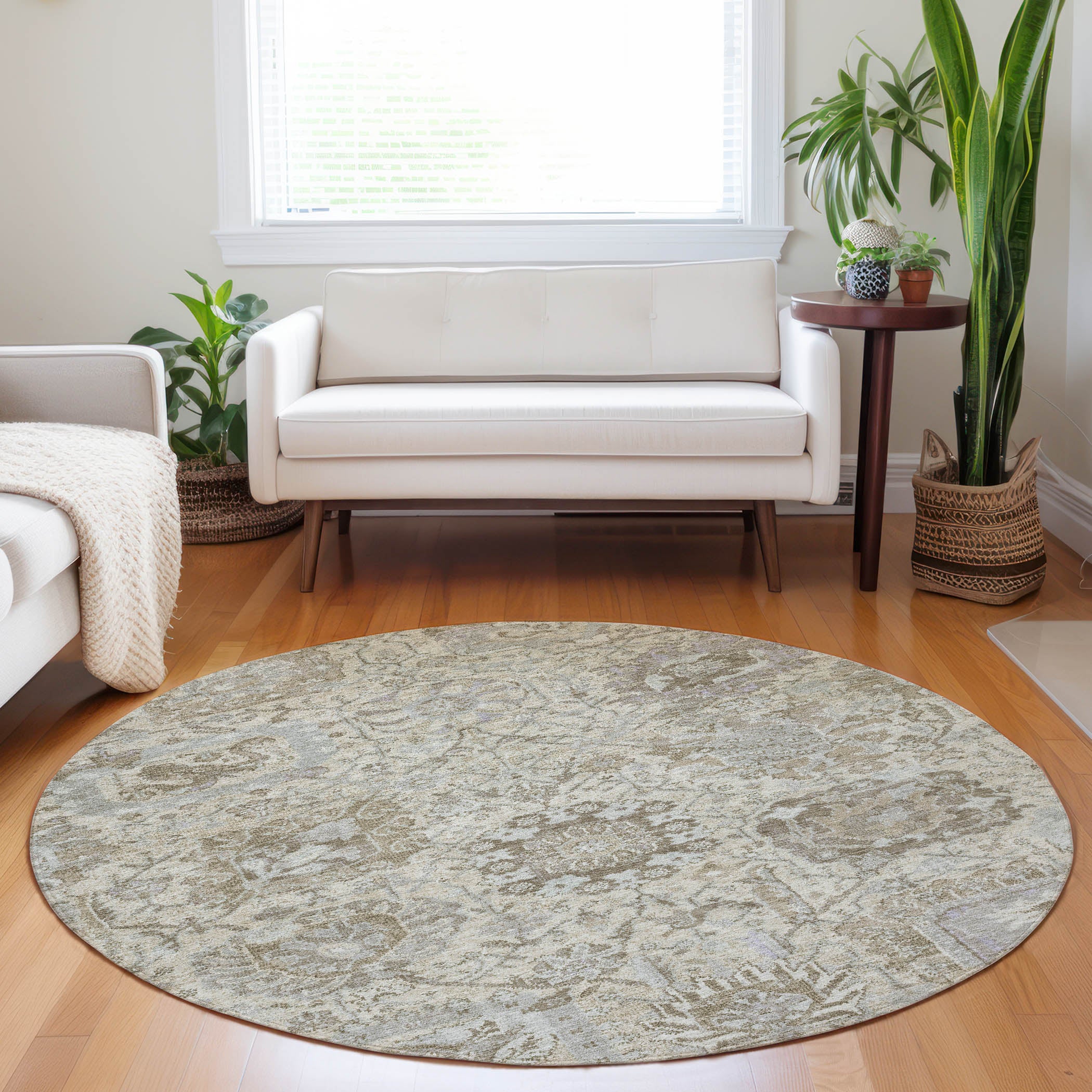 Luxury Washable Indoor/Outdoor Traditional TB15 Ivory Rug 8' x 8' #shape_Round