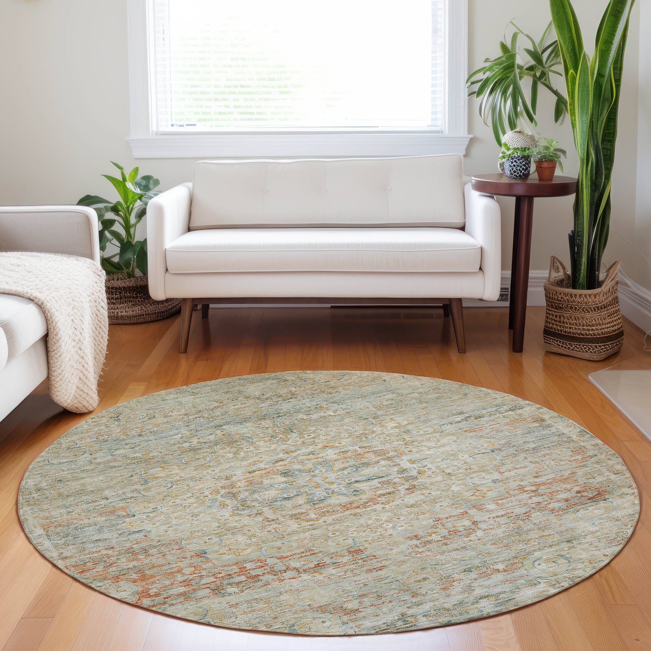 Luxury Washable Indoor/Outdoor Traditional TB1 Tan Brown Rug 8' x 8' #shape_Round