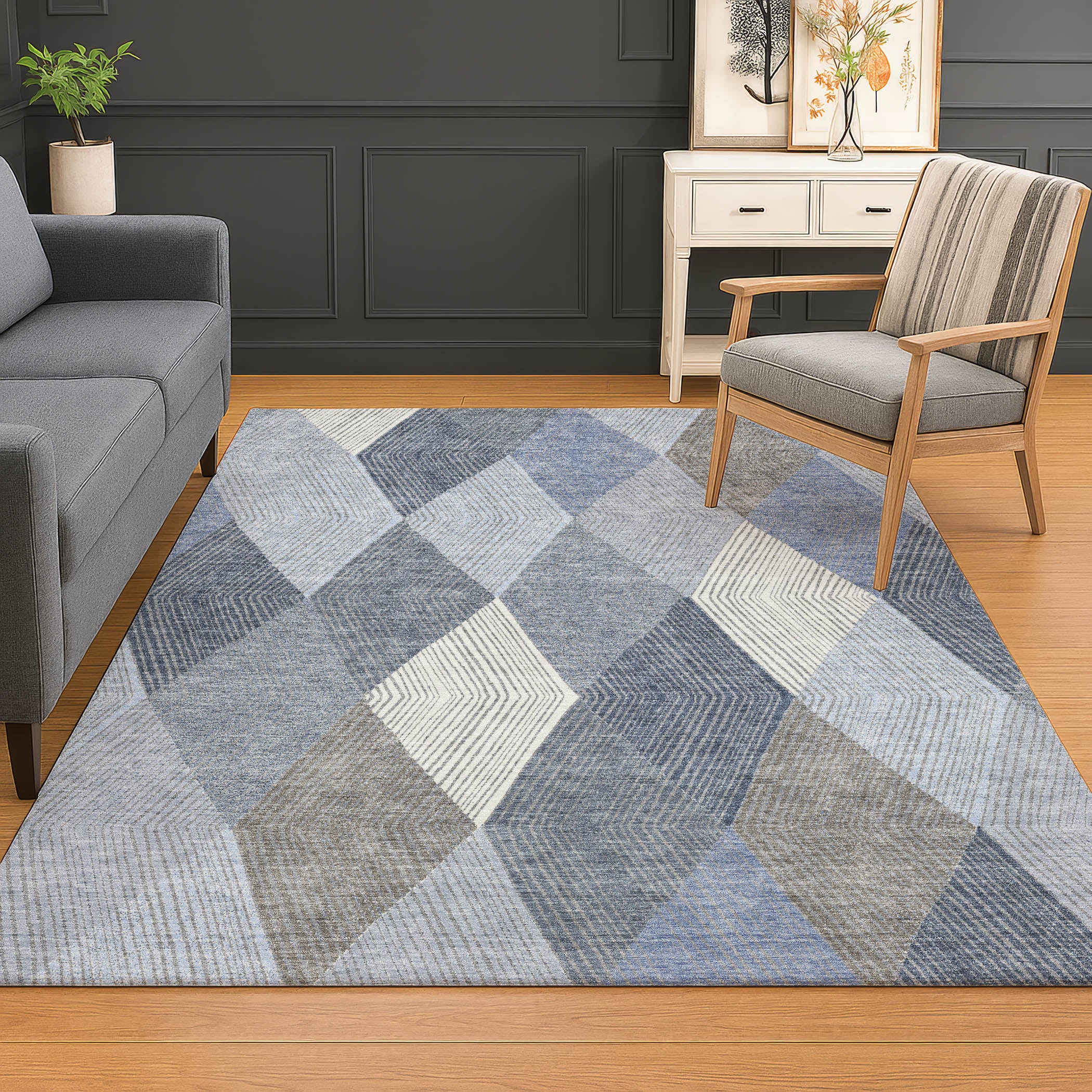 Luxury Washable Indoor/Outdoor Geometric TR11 Denim Blue Rug 2'6" x 3'10" #shape_Rectangle