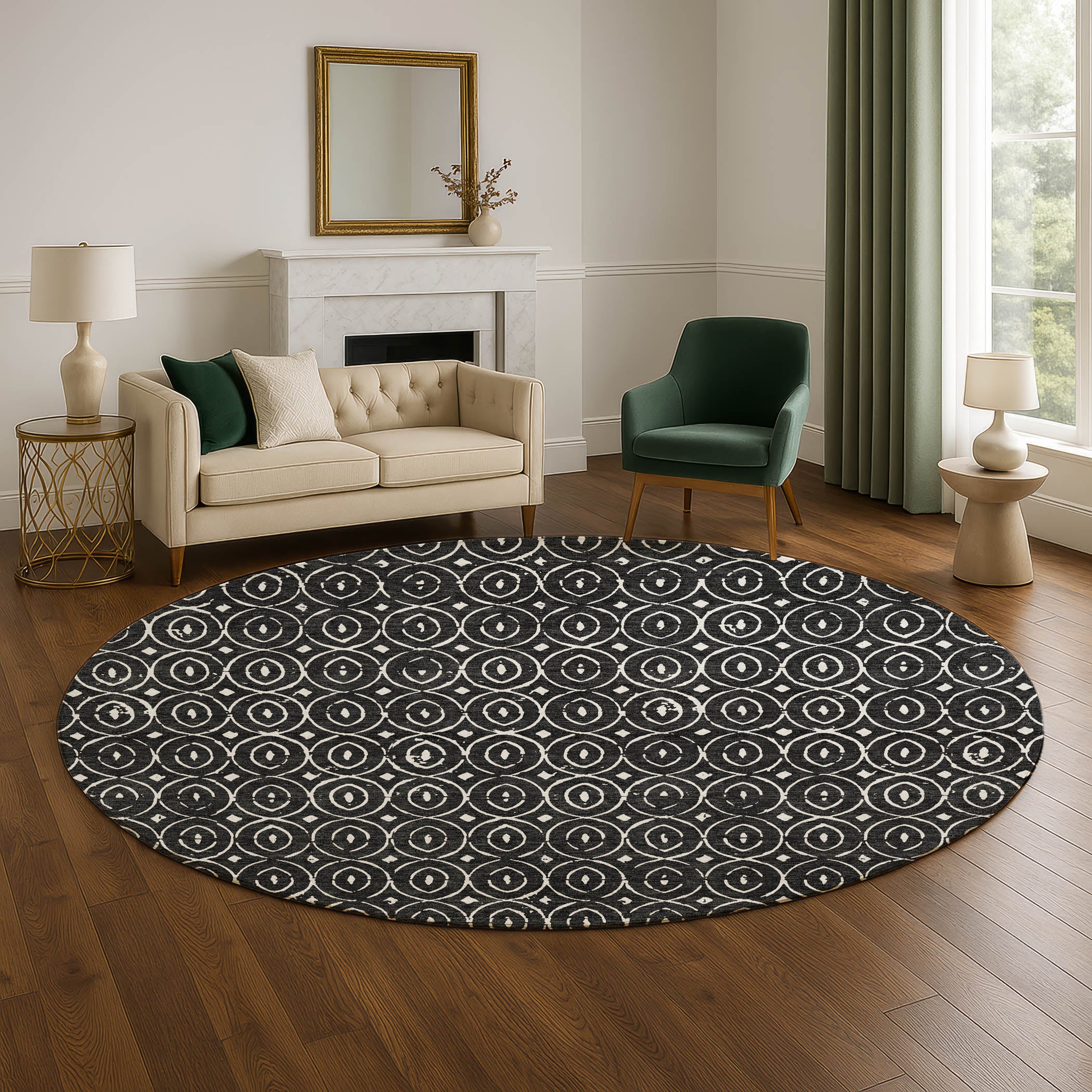 Luxury Washable Indoor/Outdoor Geometric TR12 Black Rug 8' x 8' #shape_Round
