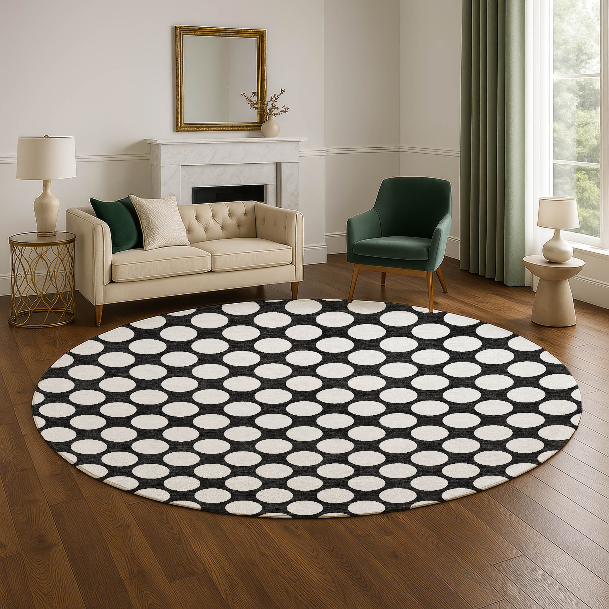 Luxury Washable Indoor/Outdoor Geometric TR13 Black Rug 8' x 8' #shape_Round