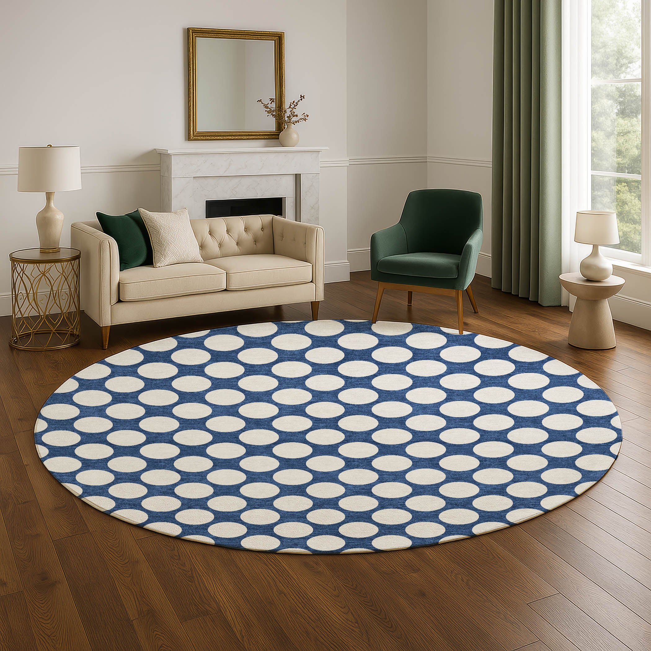 Luxury Washable Indoor/Outdoor Geometric TR13 Navy Blue Rug 8' x 8' #shape_Round