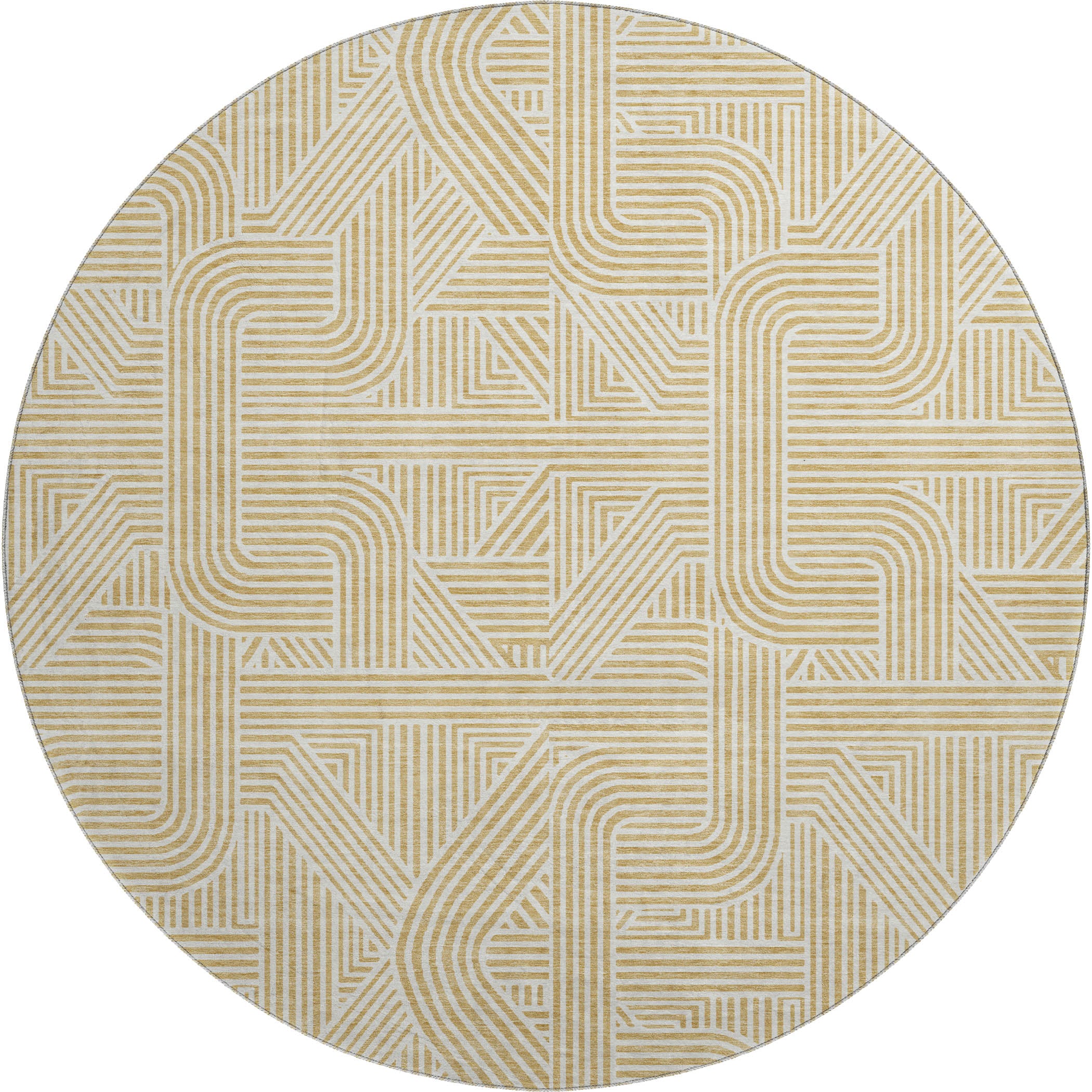 Luxury Washable Indoor/Outdoor Geometric TR14 Gold Rug 8' x 8' #shape_Round