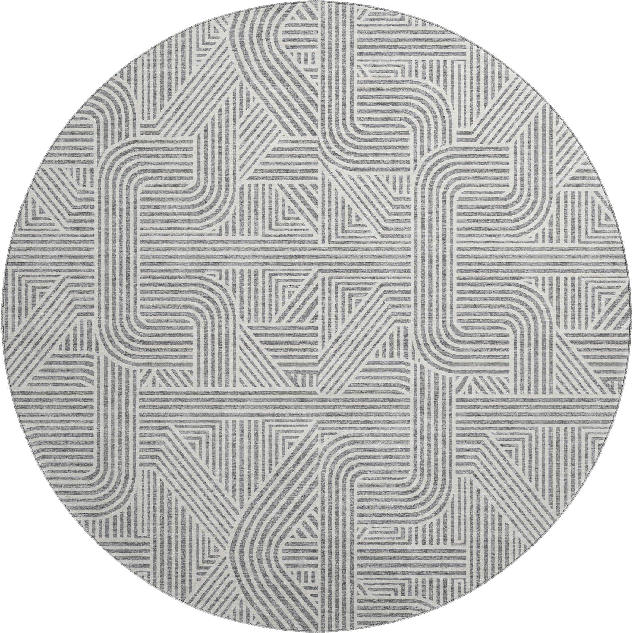 Luxury Washable Indoor/Outdoor Geometric TR14 Gray Rug 8' x 8' #shape_Round