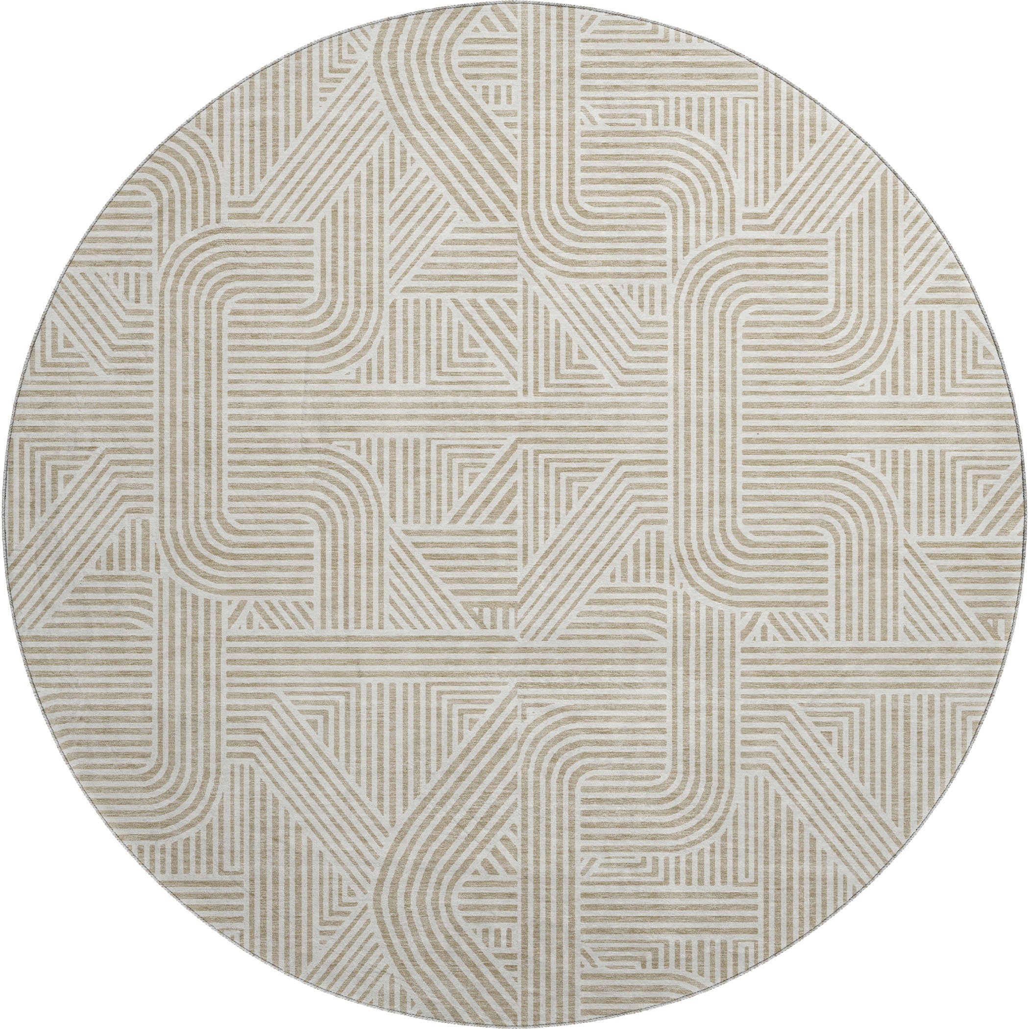 Luxury Washable Indoor/Outdoor Geometric TR14 Putty Ivory Rug 8' x 8' #shape_Round