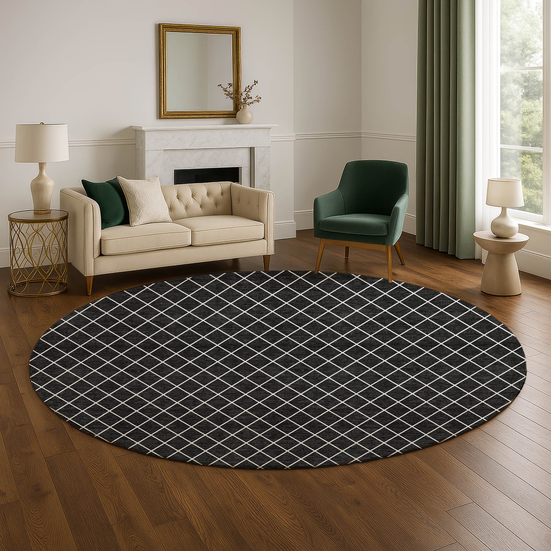 Luxury Washable Indoor/Outdoor Geometric TR15 Black Rug 8' x 8' #shape_Round