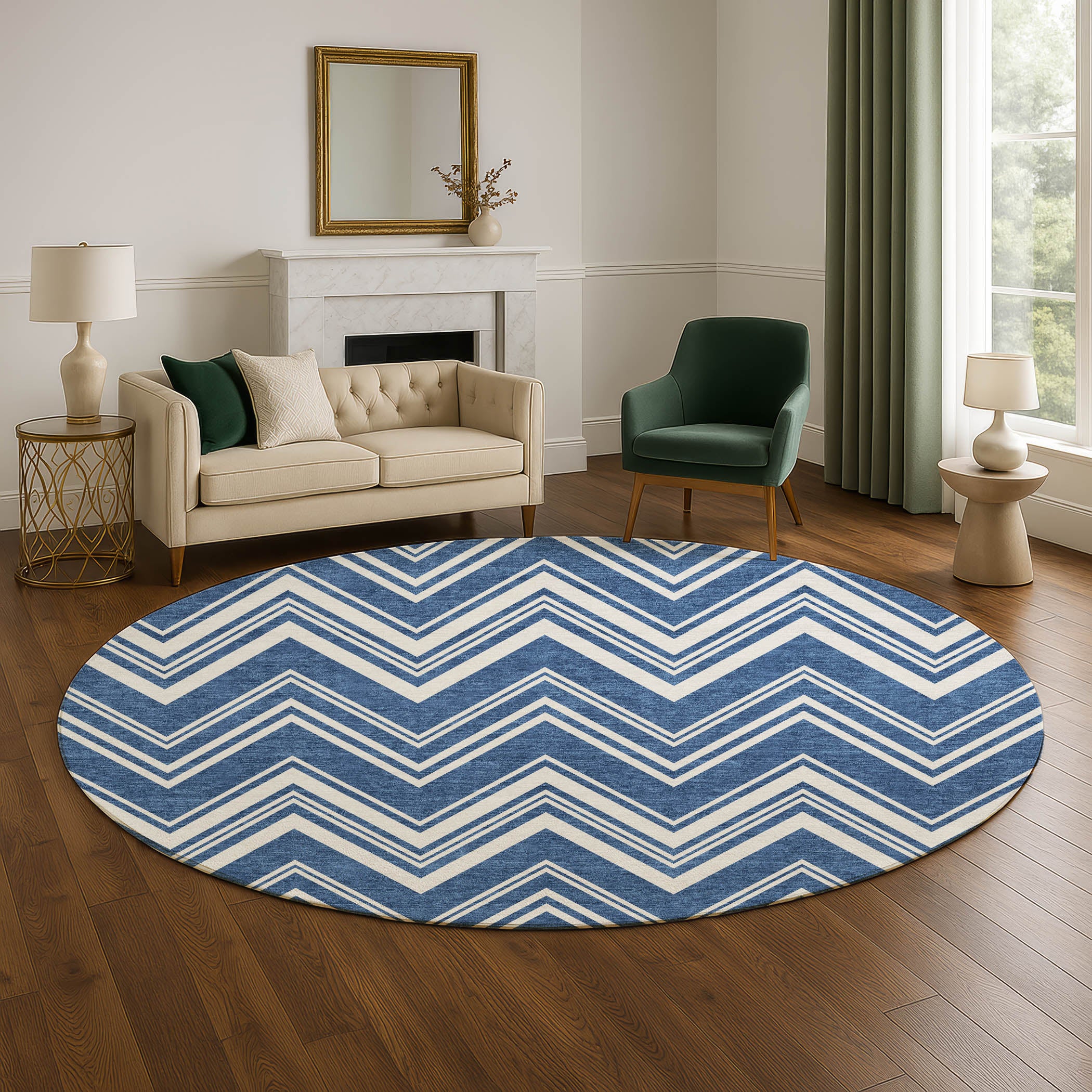 Luxury Washable Indoor/Outdoor Geometric TR17 Blue Rug 8' x 8' #shape_Round