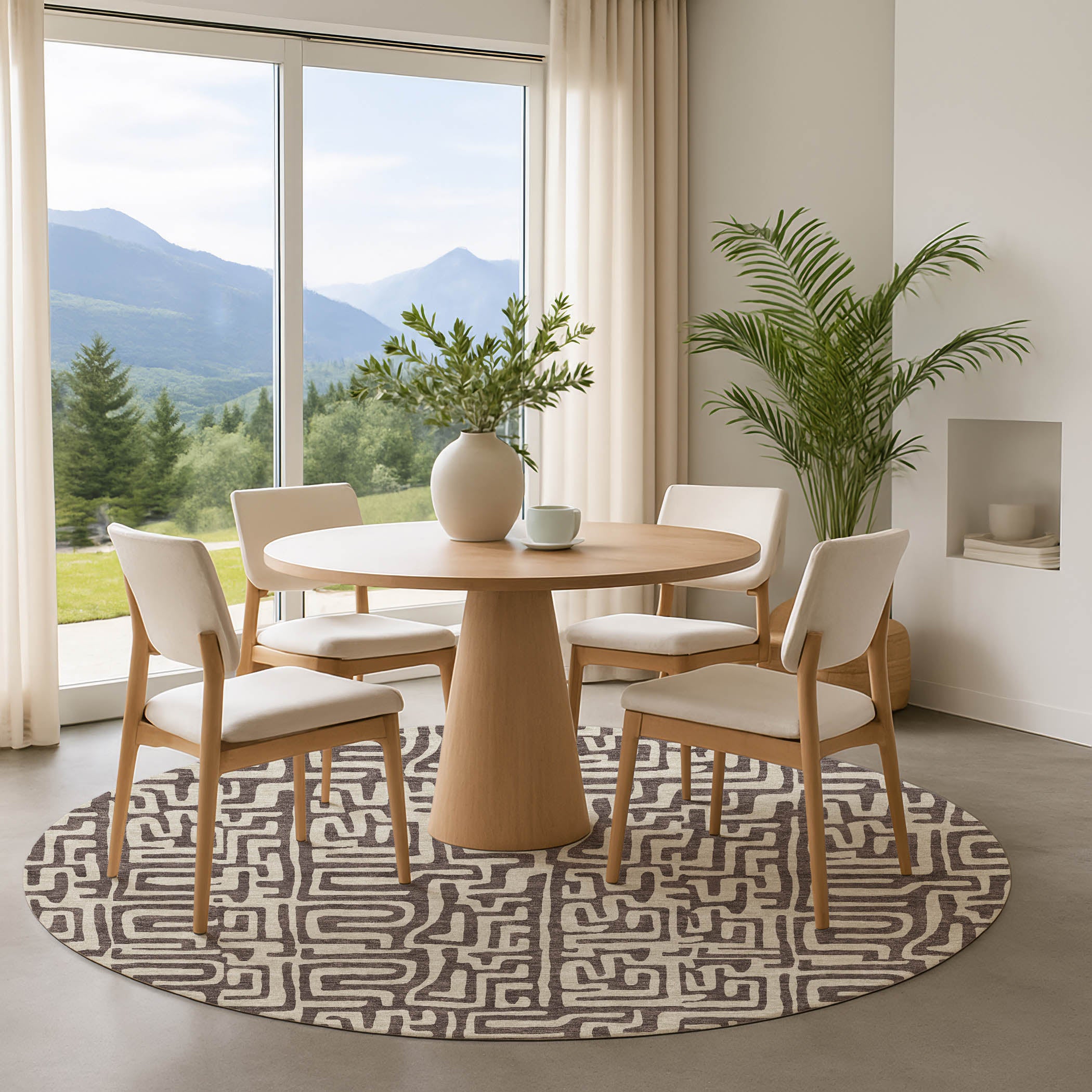 Luxury Washable Indoor/Outdoor Geometric TR1 Chocolate Brown Rug 8' x 8' #shape_Round
