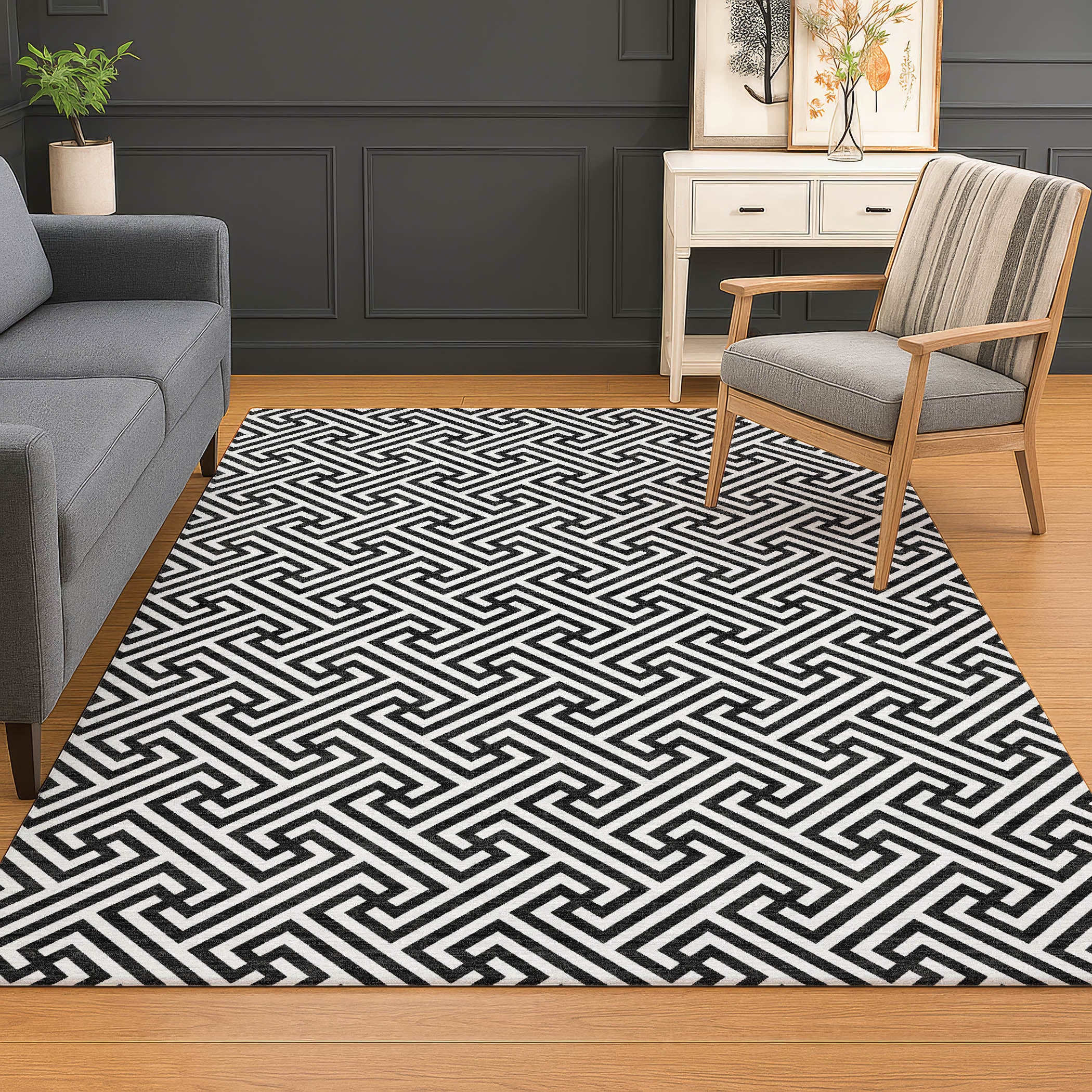 Luxury Washable Indoor/Outdoor Geometric TR5 Black Rug 2'6" x 3'10" #shape_Rectangle