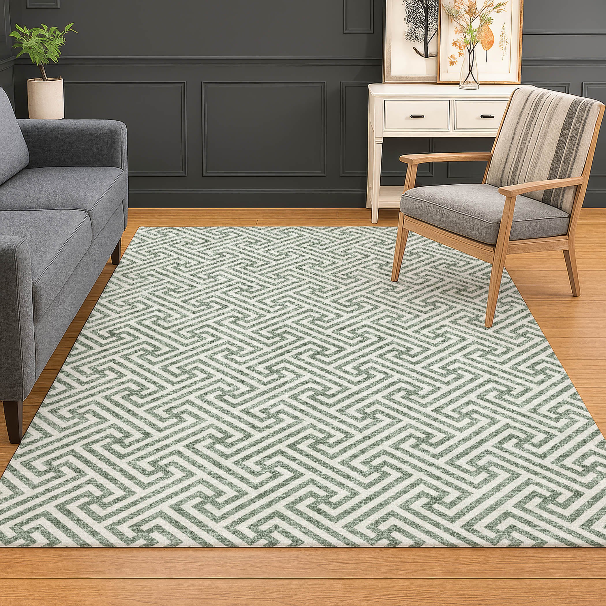 Luxury Washable Indoor/Outdoor Geometric TR5 Sage Green Rug 2'6" x 3'10" #shape_Rectangle