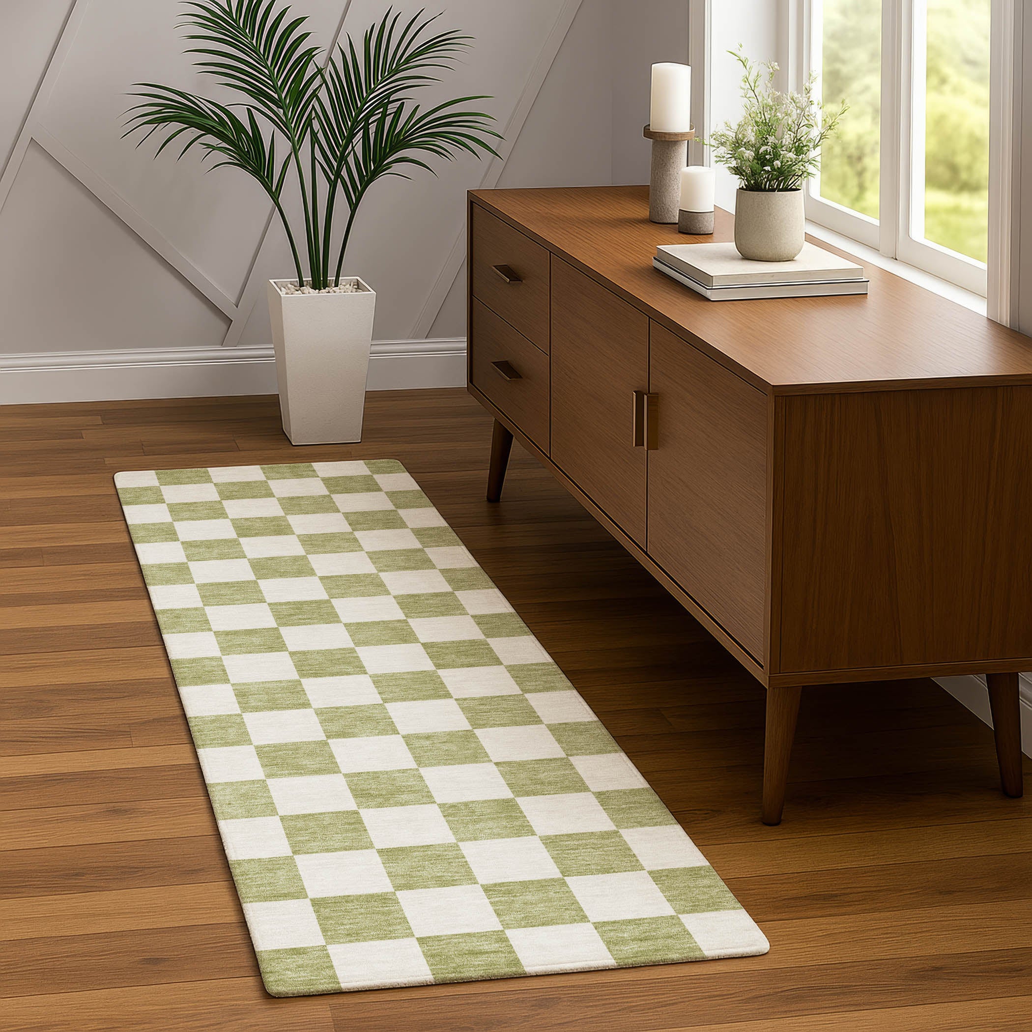 Luxury Washable Indoor/Outdoor Geometric TR7 Aloe Green Rug 2'3" x 7'6" #shape_Runner