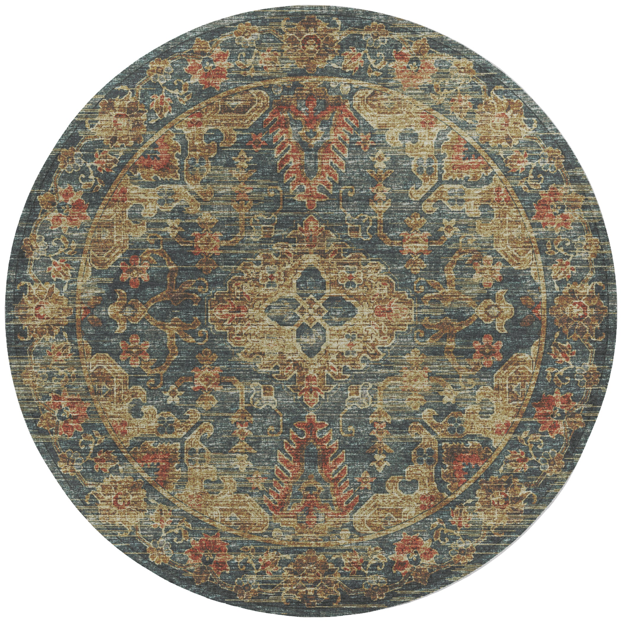 Indoor/Outdoor Traditional TU13 Teal Blue Rug 4' x 4' #shape_Round