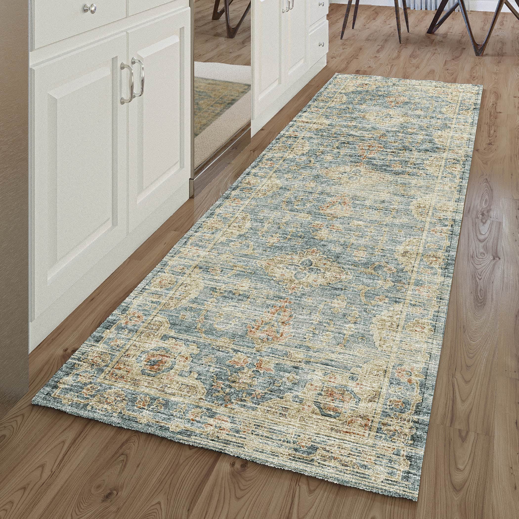 Indoor/Outdoor Traditional TU13 Teal Blue Rug 2'6" x 10' #shape_Runner