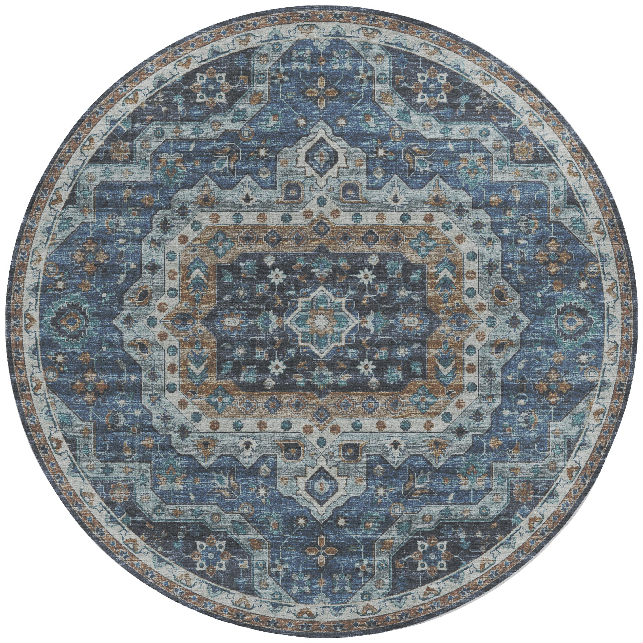 Indoor/Outdoor Traditional TU4 Blue Rug 4' x 4' #shape_Round