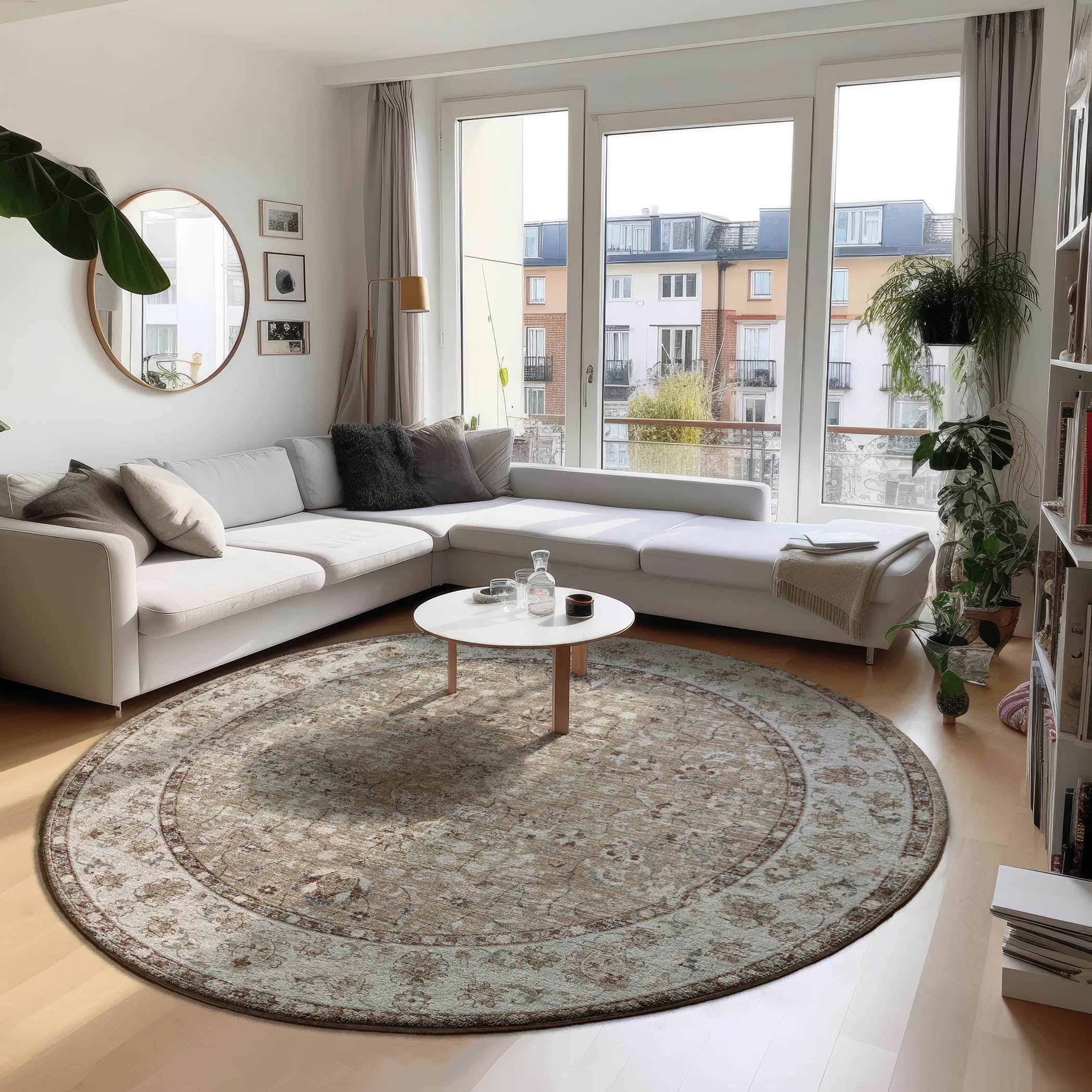 Indoor/Outdoor Traditional TU5 Taupe Brown Rug 4' x 4' #shape_Round