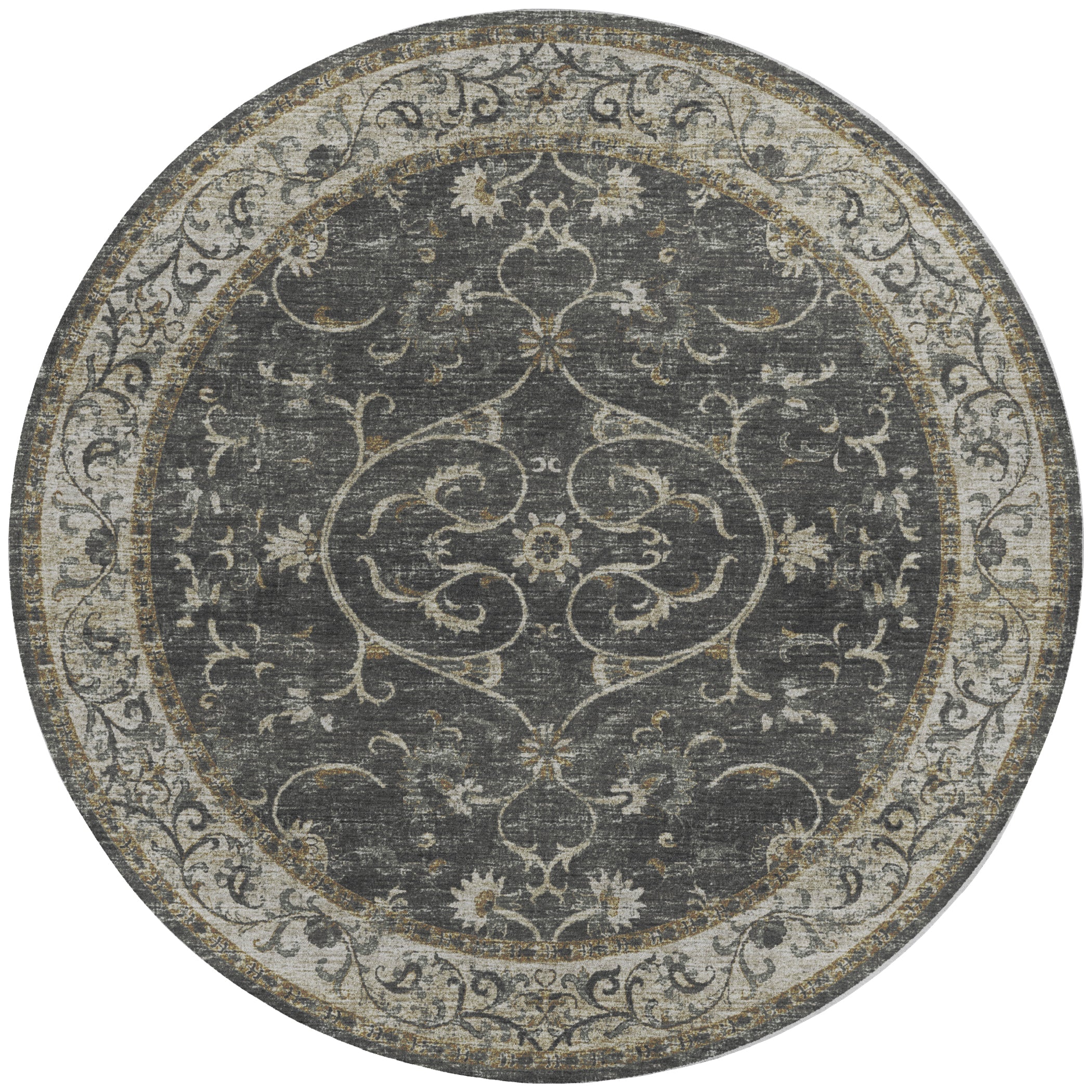 Indoor/Outdoor Traditional TU6 Charcoal Gray Rug 4' x 4' #shape_Round