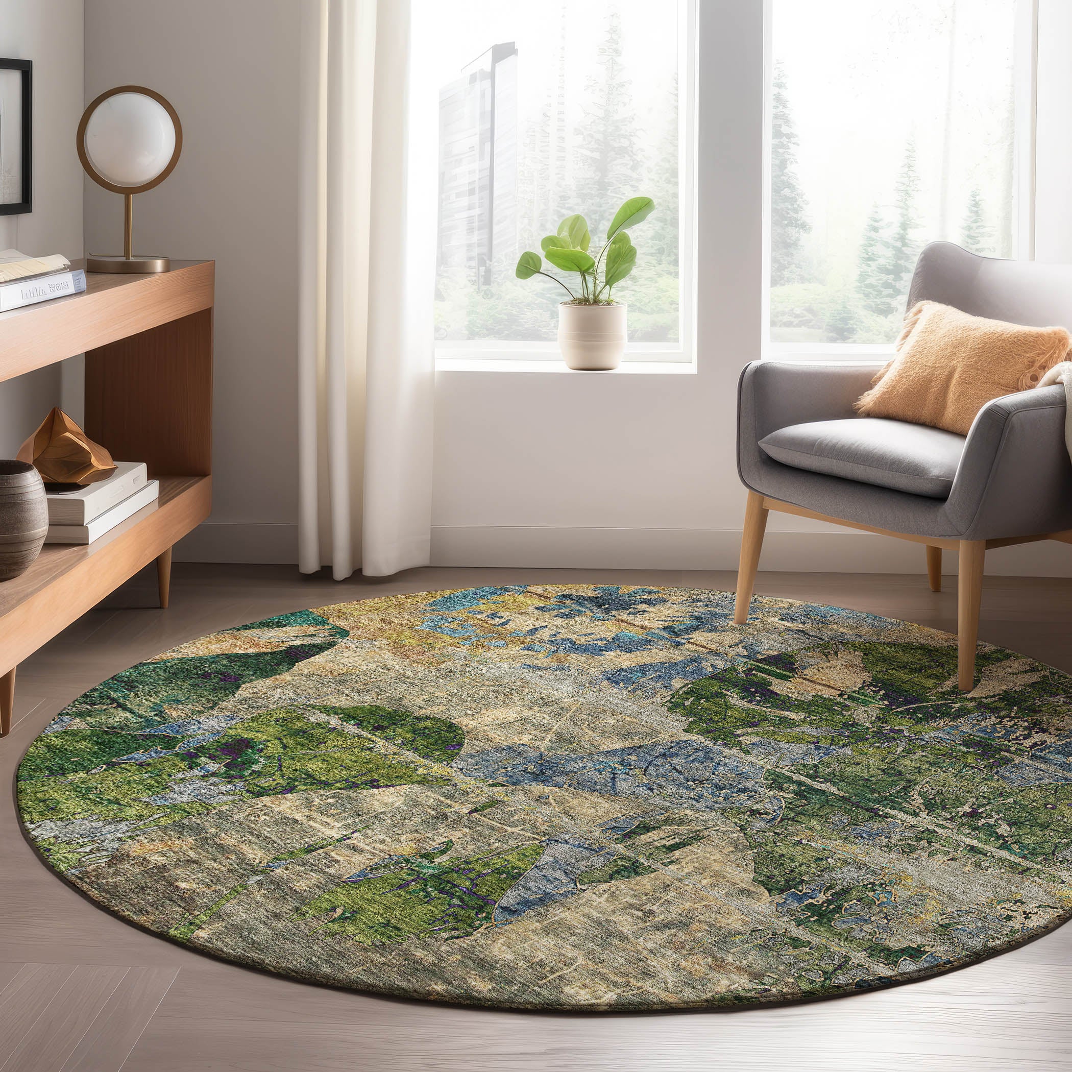 Luxury Washable Indoor/Outdoor Transitional TV15 Taupe Brown Rug 8' x 8' #shape_Round