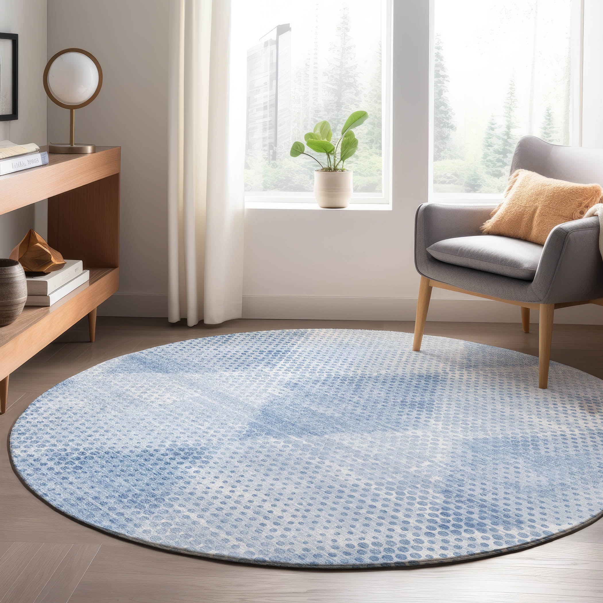 Luxury Washable Indoor/Outdoor Transitional TV4 Blue Rug 8' x 8' #shape_Round