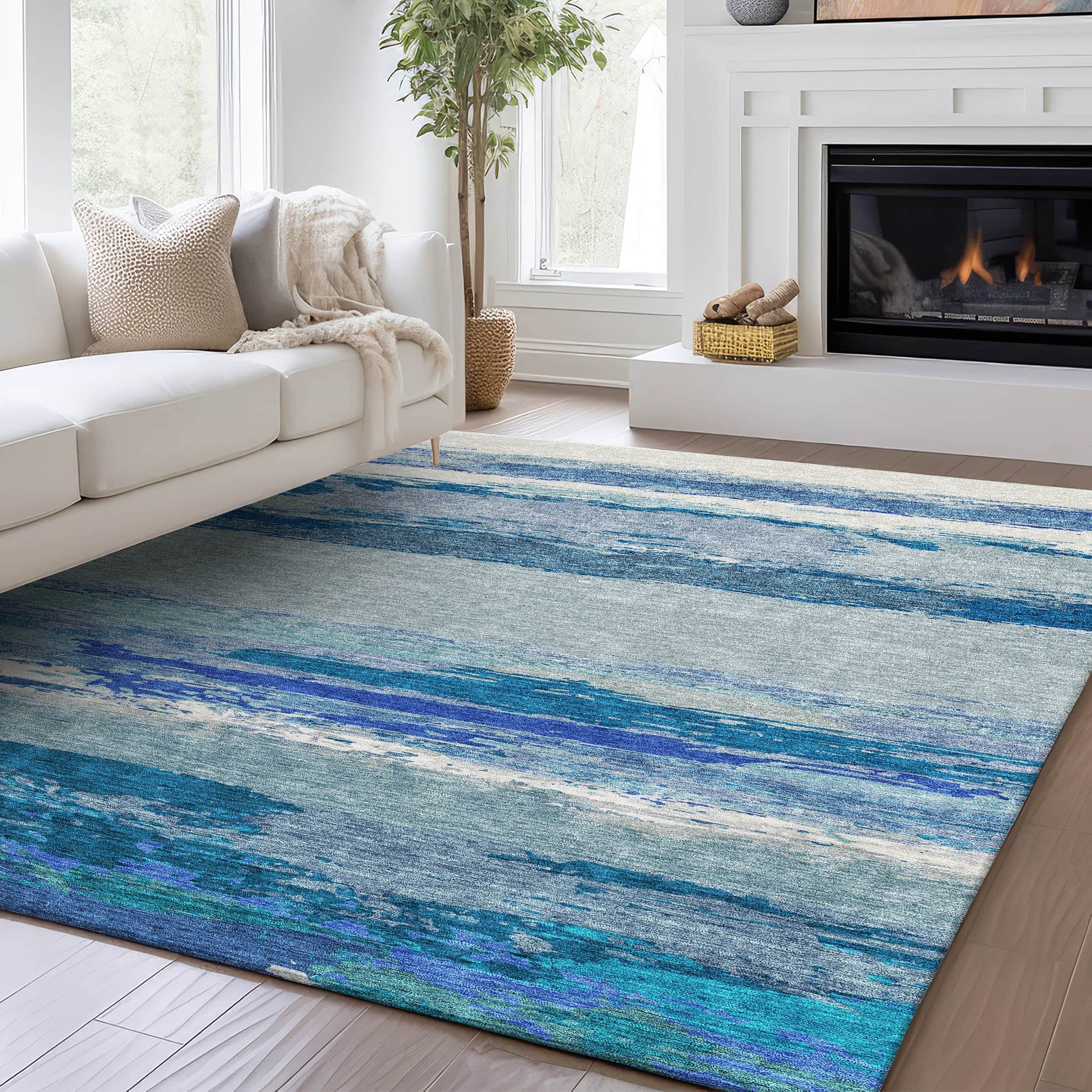 Luxury Washable Indoor/Outdoor Transitional TV8 Blue Rug 1'8" x 2'6" #shape_Rectangle