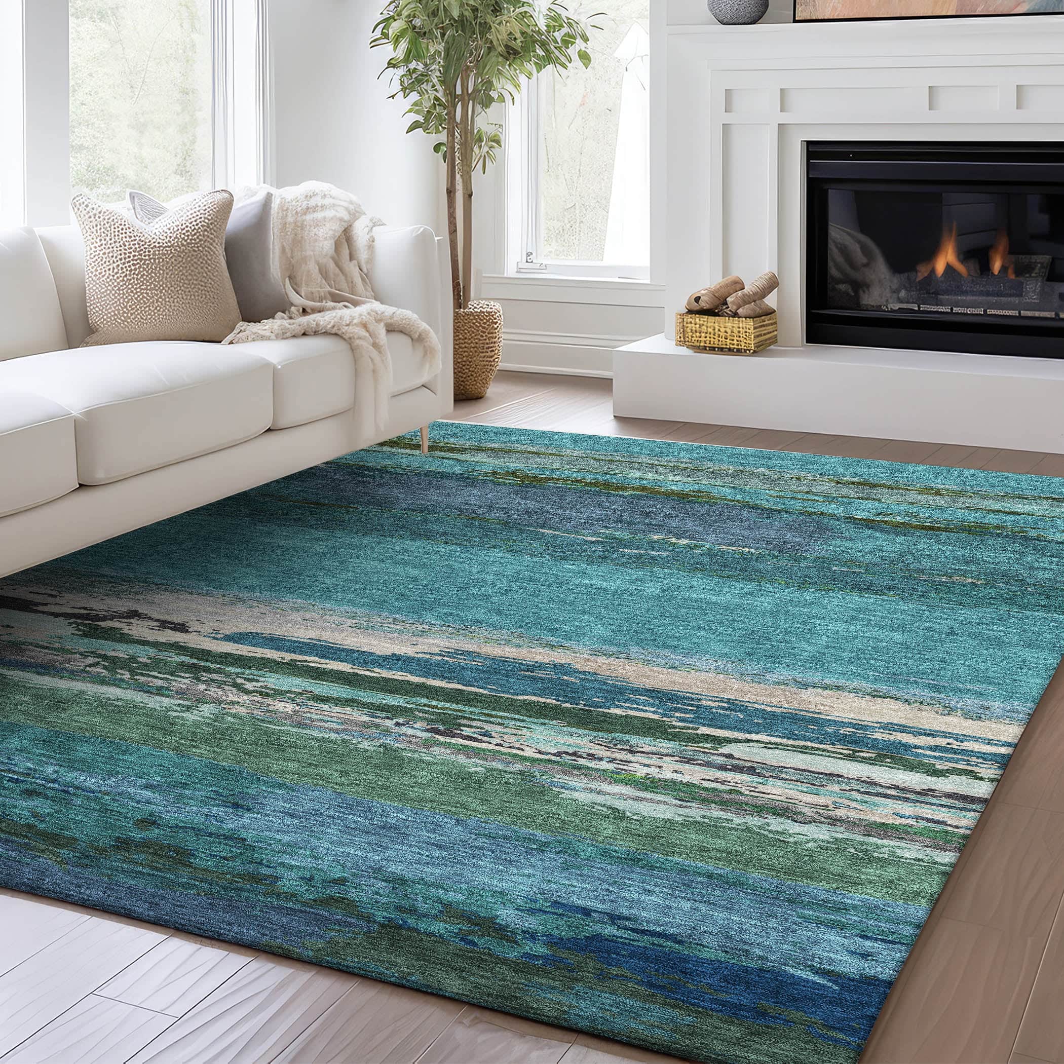 Luxury Washable Indoor/Outdoor Transitional TV8 Teal Rug 1'8" x 2'6" #shape_Rectangle