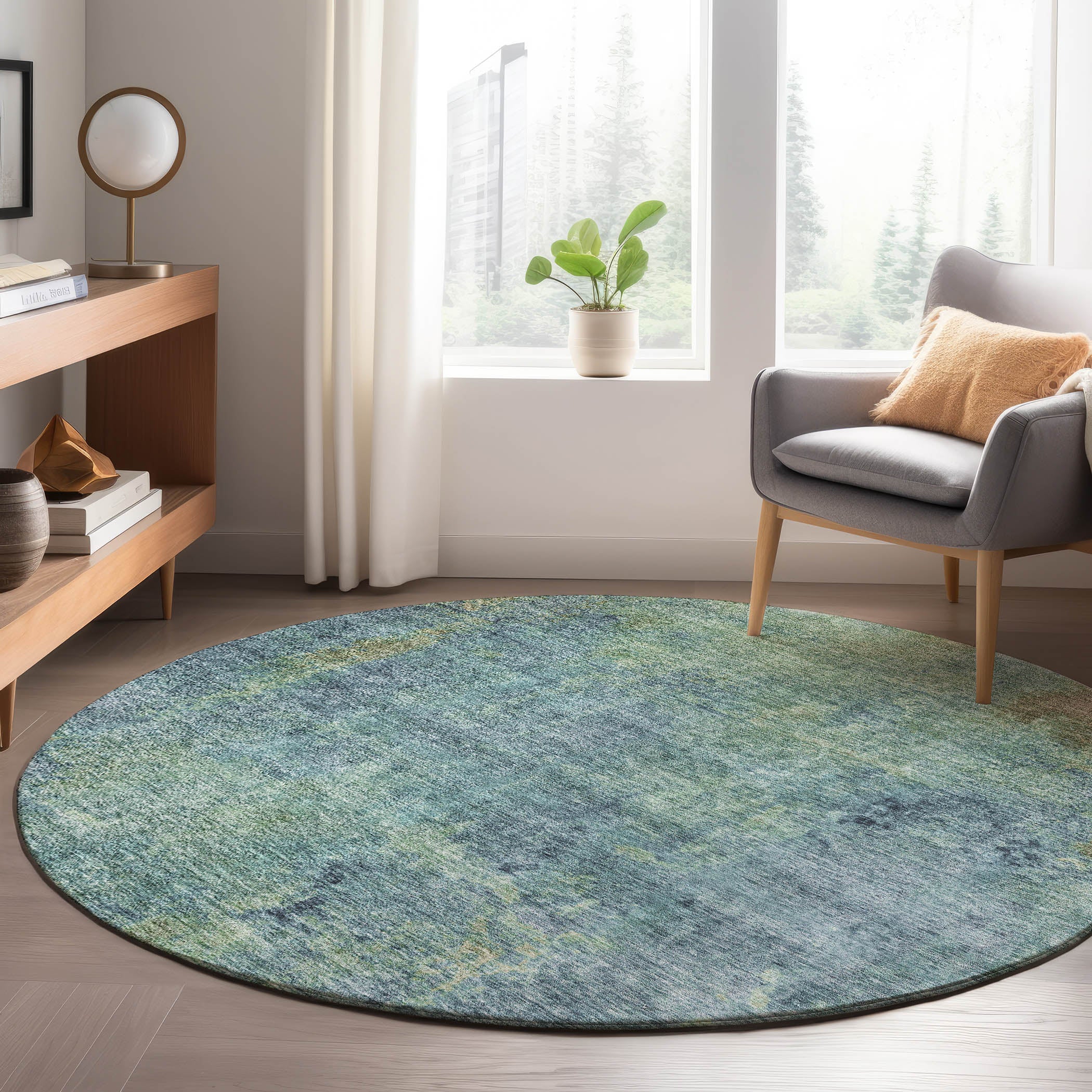 Luxury Washable Indoor/Outdoor Transitional TV9 Blue Rug 8' x 8' #shape_Round