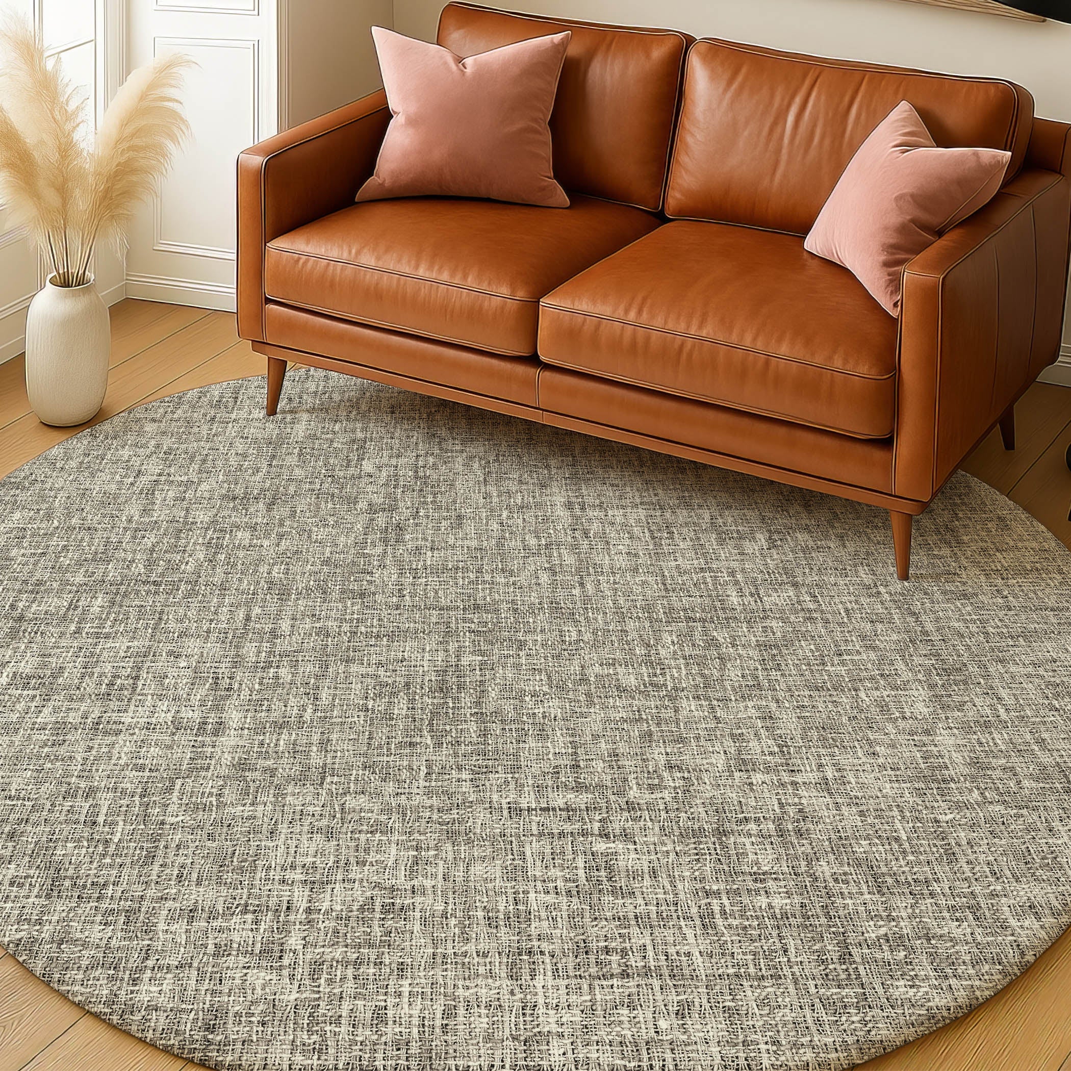 Luxury Washable Transitional VY1 Putty Ivory Rug 8' x 8' #shape_Round