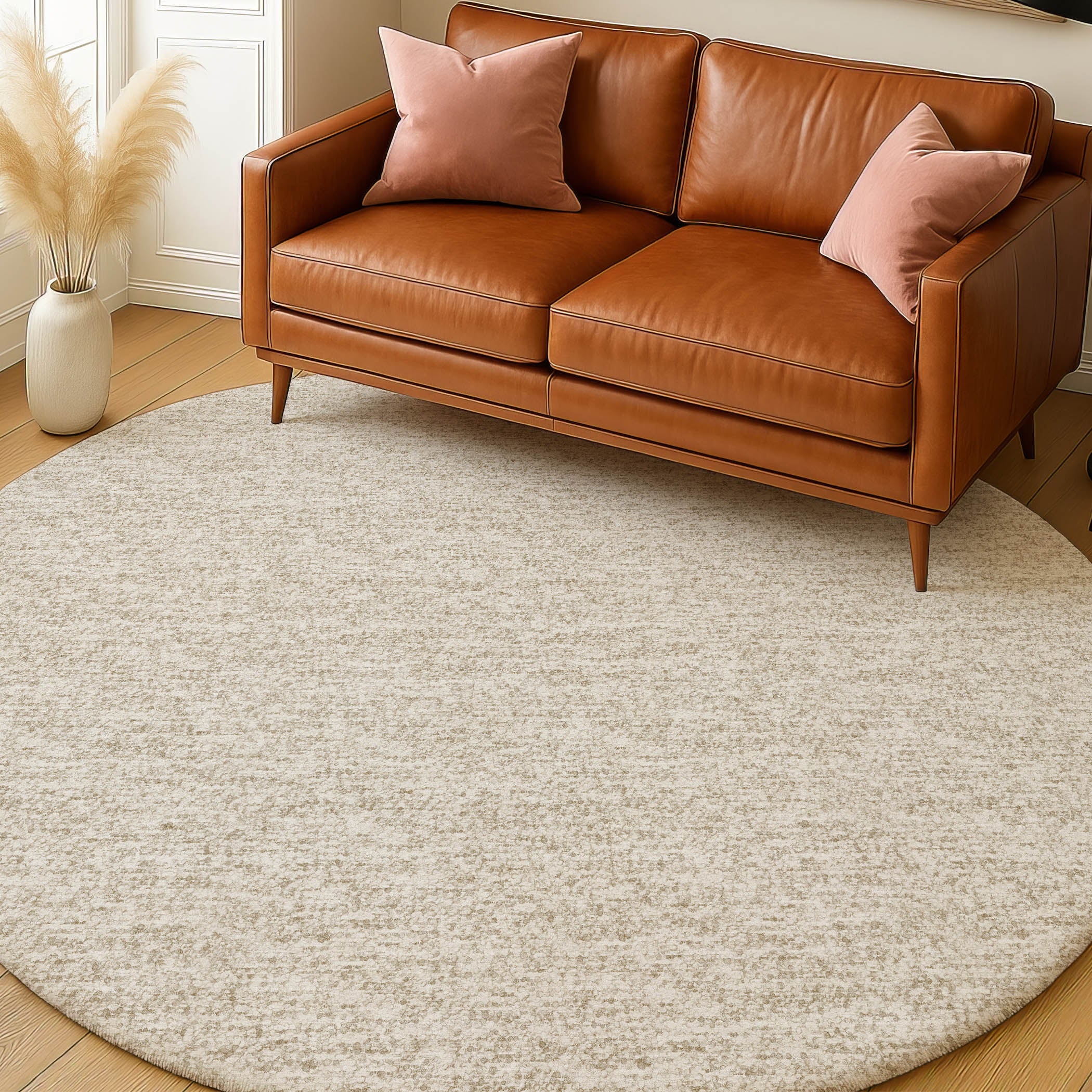 Luxury Washable Transitional VY2 Beige Brown Rug 8' x 8' #shape_Round