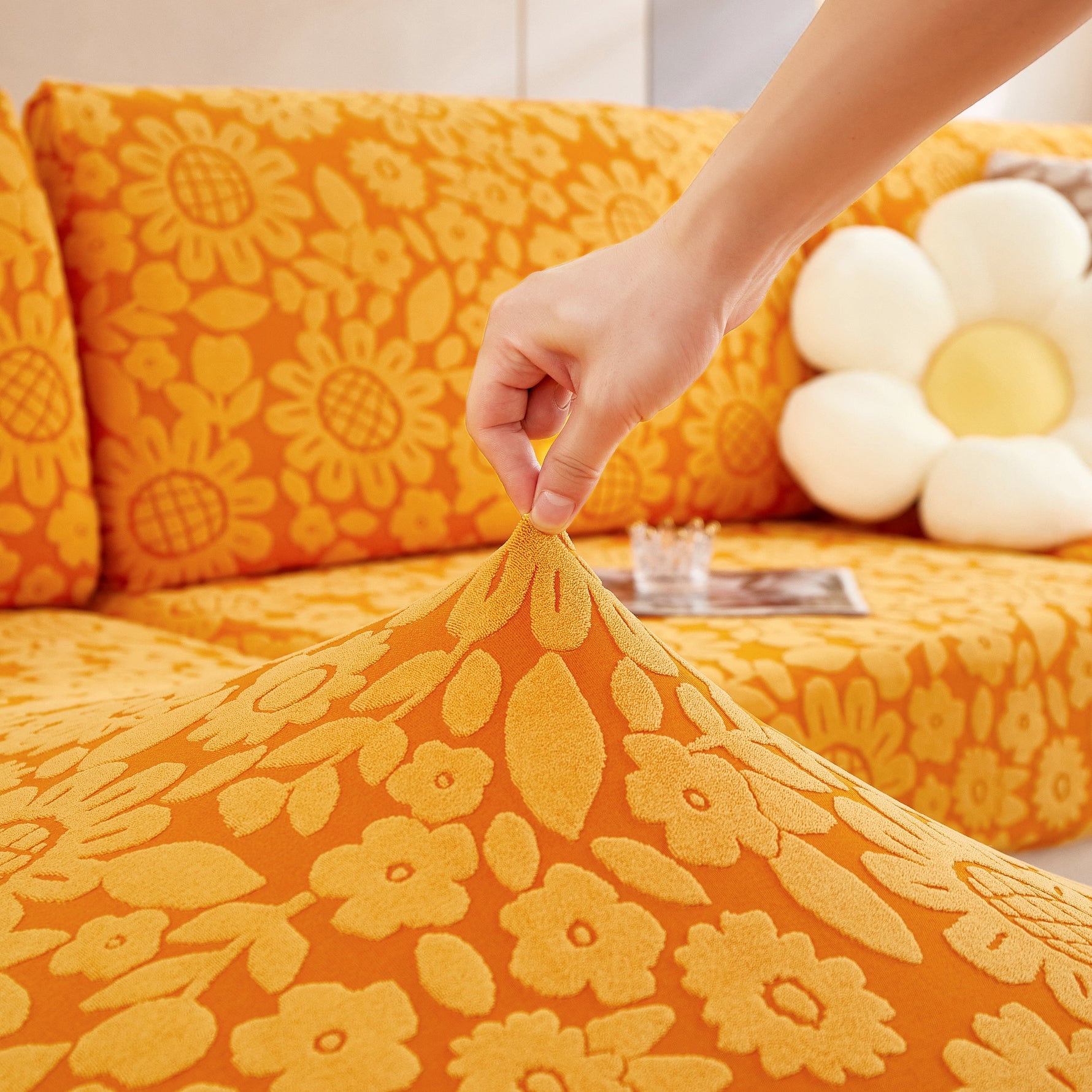 Flower Pattern Jacquard Fleece Stretch Sofa Cover, Non-Slip L-Shaped Couch Cushion Covers for Pets
