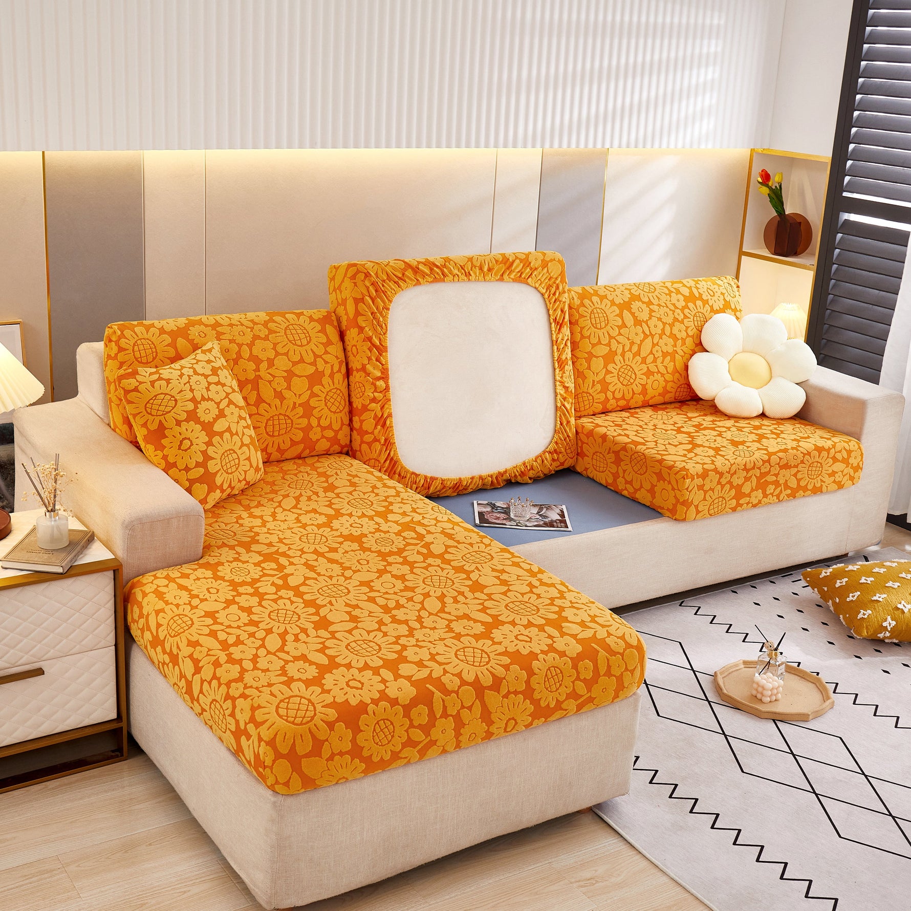 Flower Pattern Jacquard Fleece Stretch Sofa Cover, Non-Slip L-Shaped Couch Cushion Covers for Pets