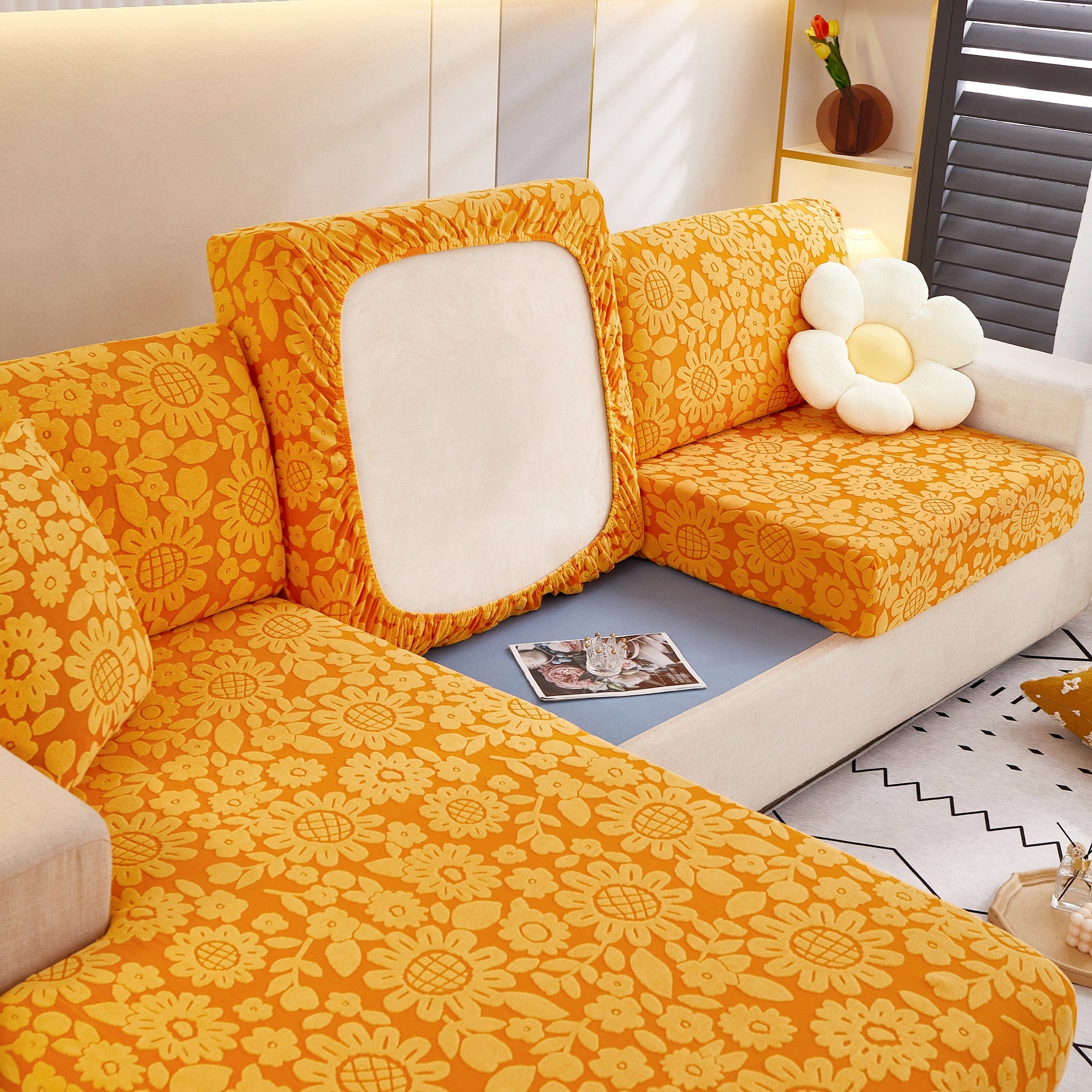 Flower Pattern Jacquard Fleece Stretch Sofa Cover, Non-Slip L-Shaped Couch Cushion Covers for Pets