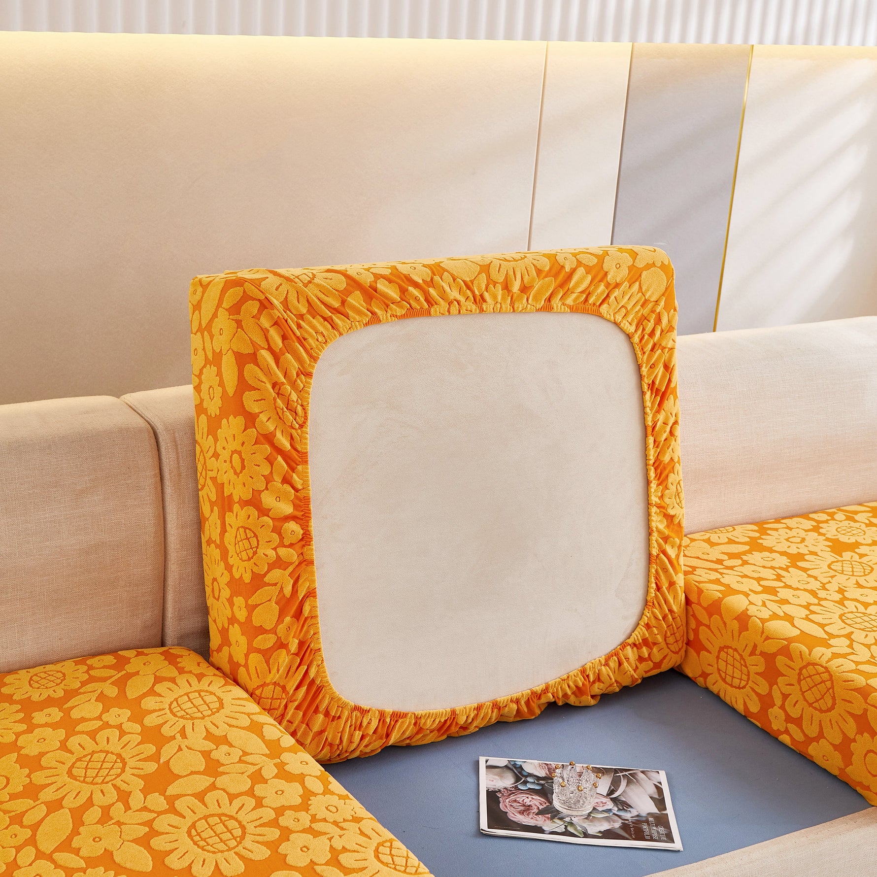 Flower Pattern Jacquard Fleece Stretch Sofa Cover, Non-Slip L-Shaped Couch Cushion Covers for Pets