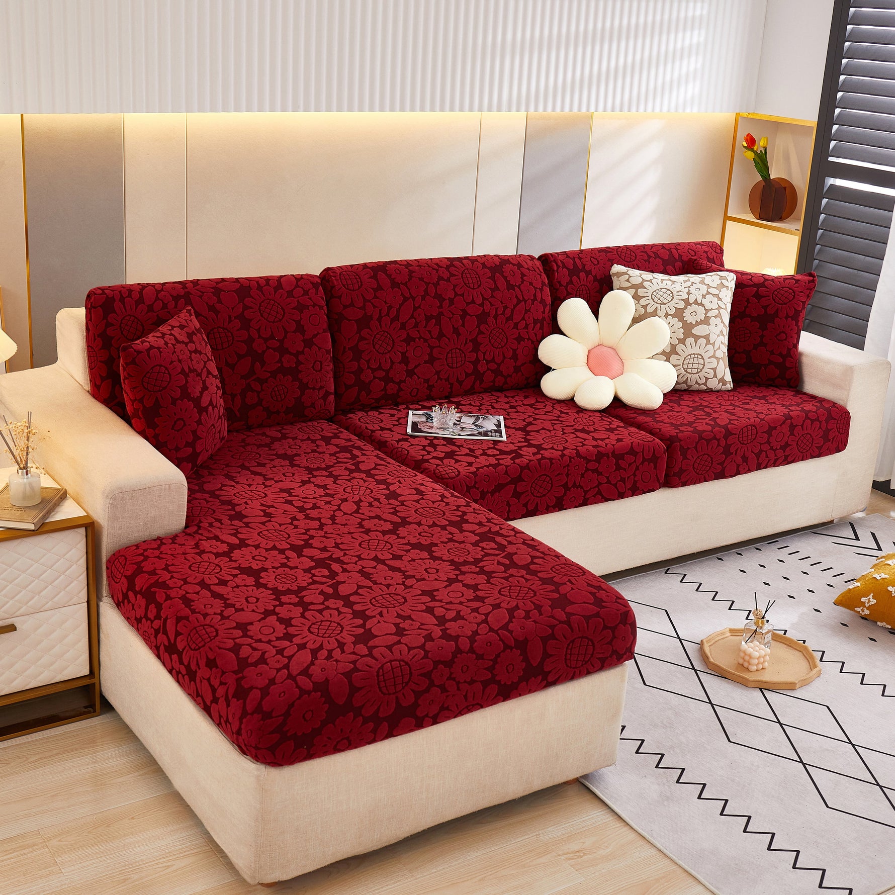 Flower Pattern Jacquard Fleece Stretch Sofa Cover, Non-Slip L-Shaped Couch Cushion Covers for Pets