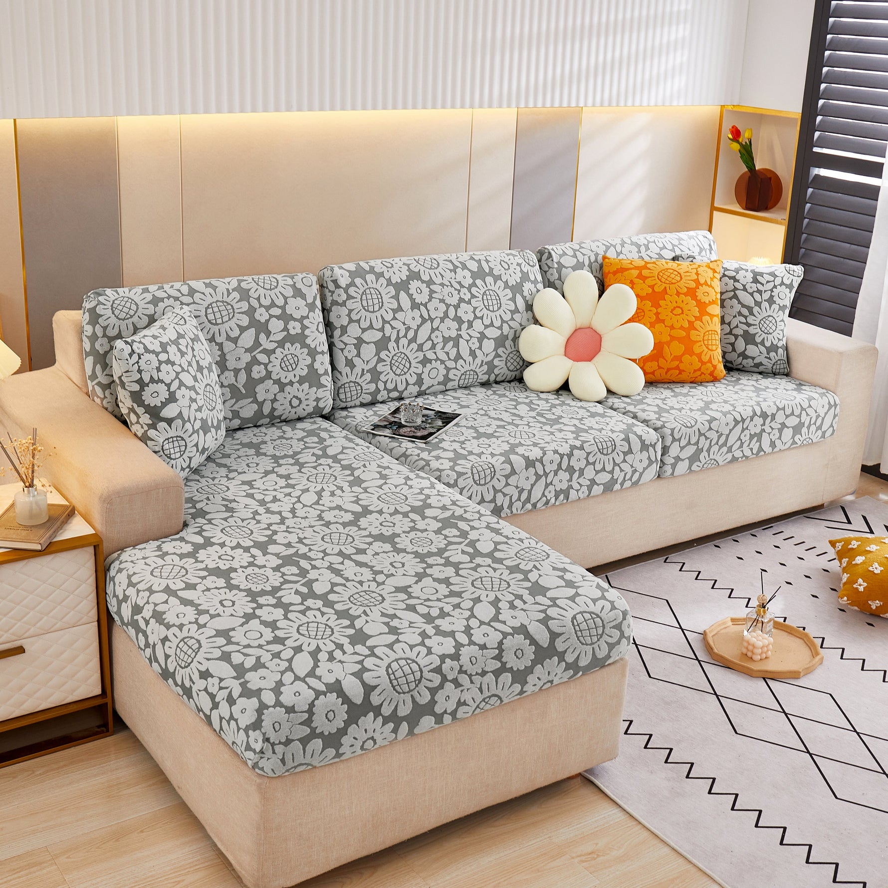 Flower Pattern Jacquard Fleece Stretch Sofa Cover, Non-Slip L-Shaped Couch Cushion Covers for Pets