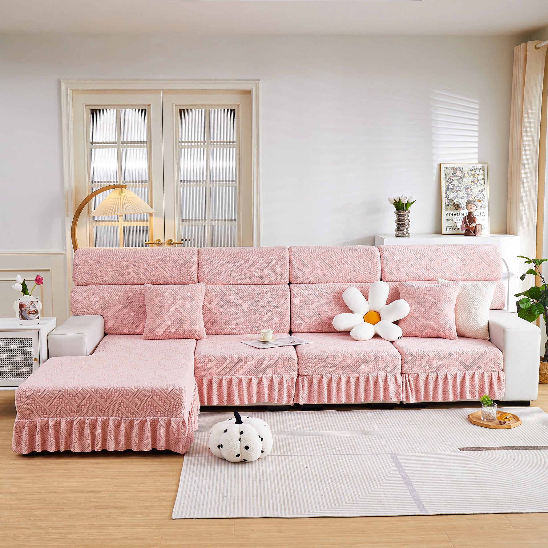 Stretchable Chaise Lounge Sofa Covers and Couch Seat Covers with Skirt for Sectional Couches