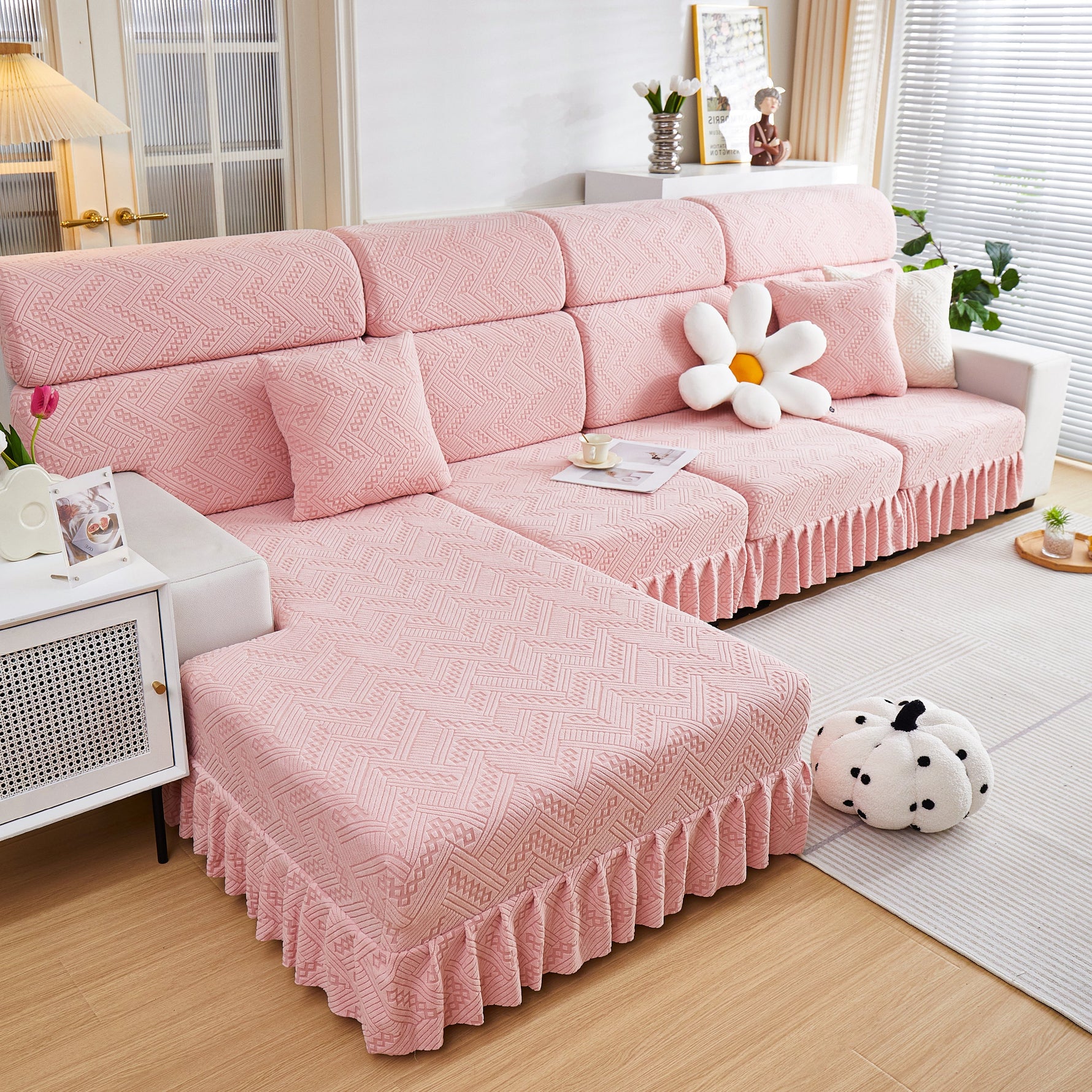 Stretchable Chaise Lounge Sofa Covers and Couch Seat Covers with Skirt for Sectional Couches