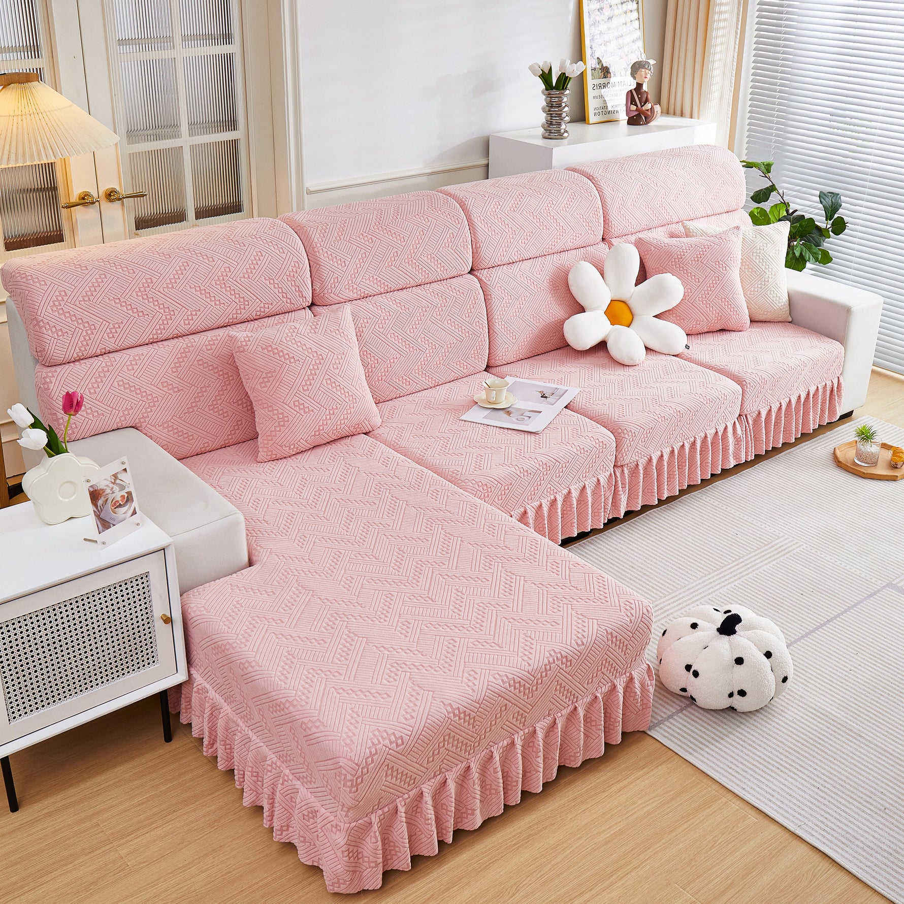 Stretchable Chaise Lounge Sofa Covers and Couch Seat Covers with Skirt for Sectional Couches
