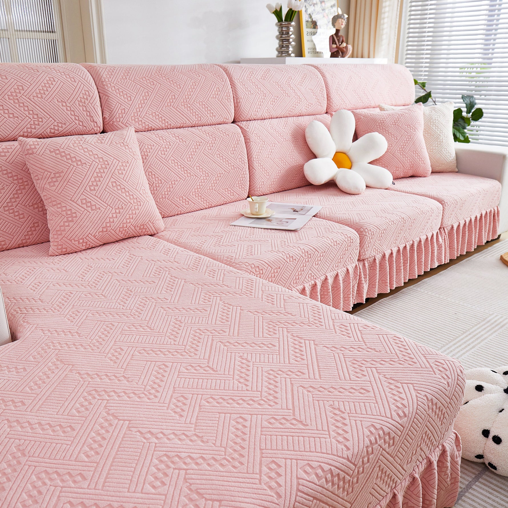 Stretchable Chaise Lounge Sofa Covers and Couch Seat Covers with Skirt for Sectional Couches