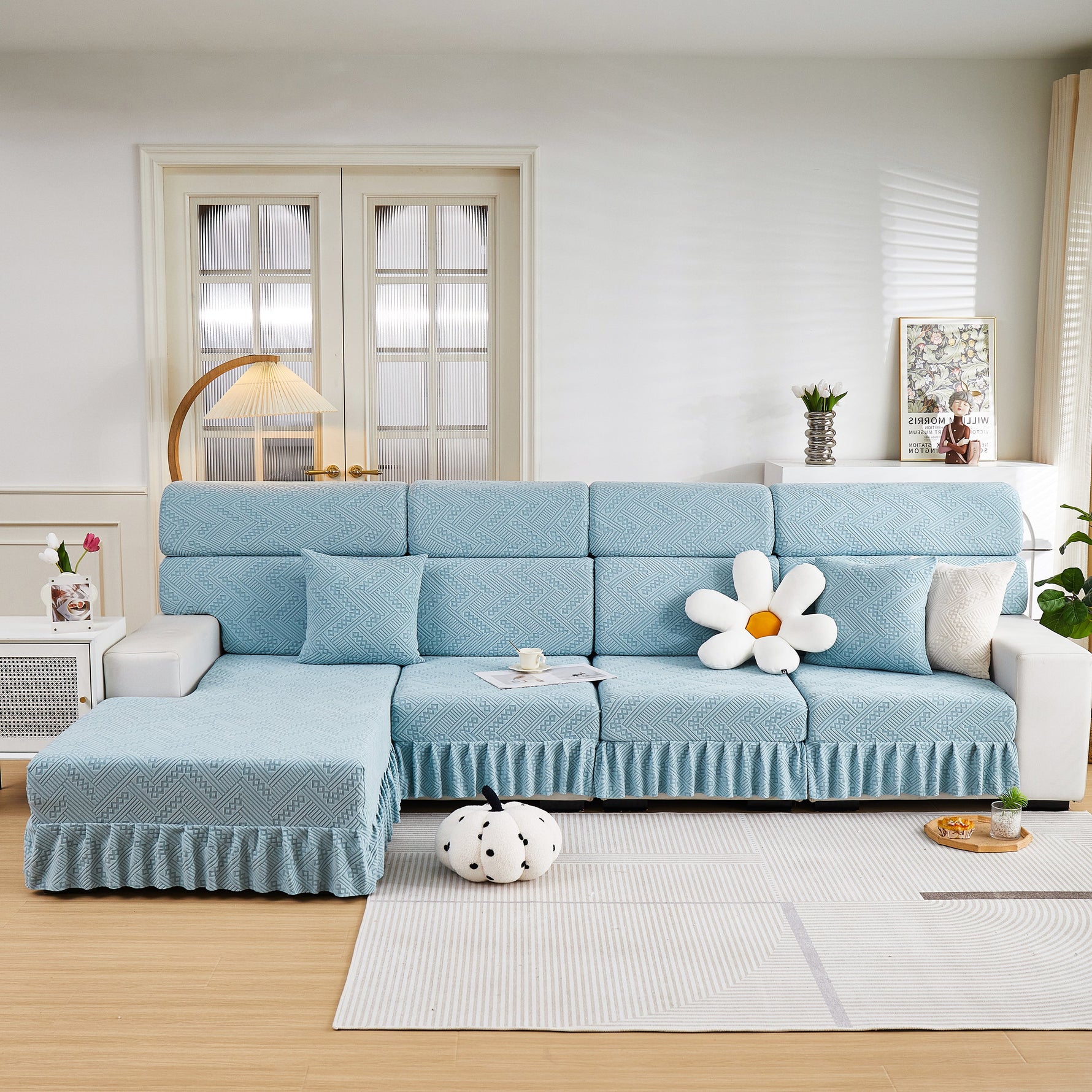 Stretchable Chaise Lounge Sofa Covers and Couch Seat Covers with Skirt for Sectional Couches